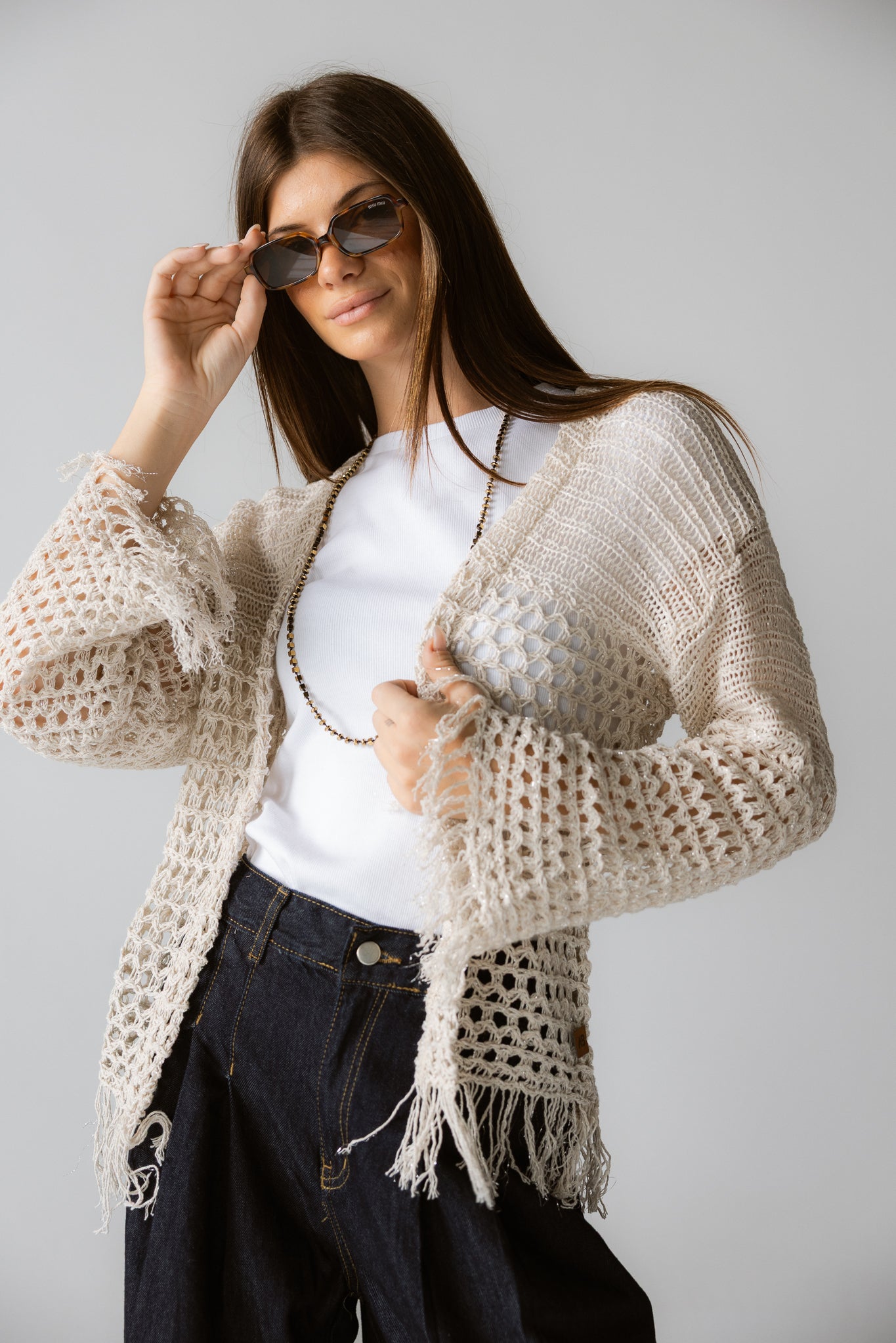 Sun Wave Shimmer Crochet Cardigan Off White