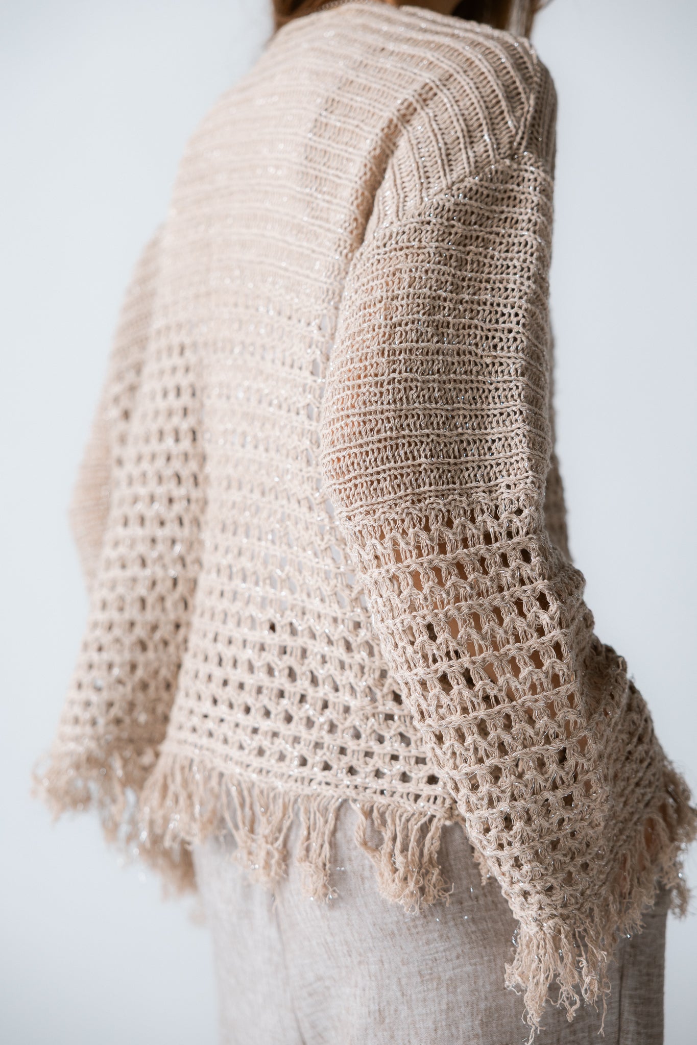 Sun Wave Shimmer Crochet Cardigan Beige