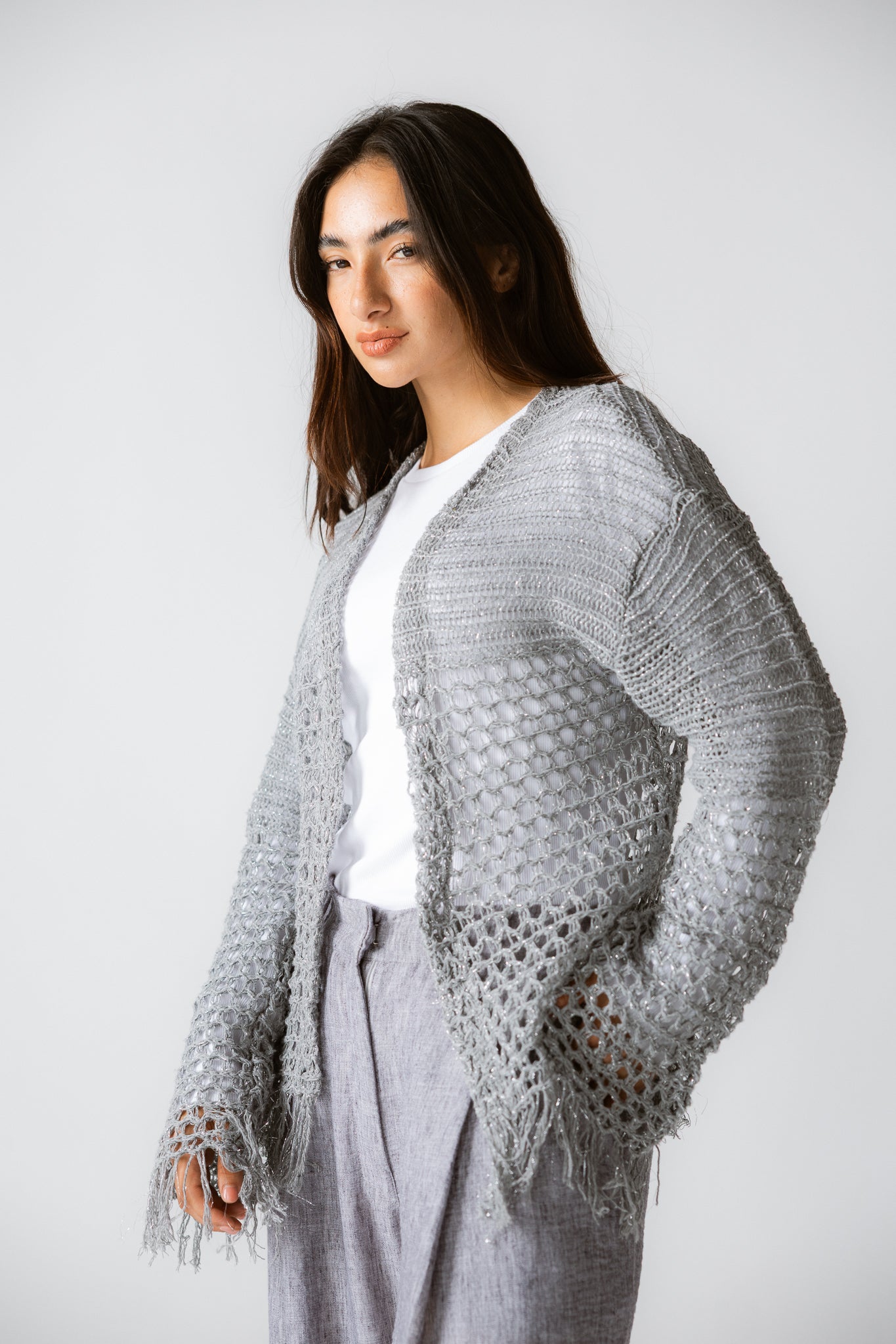 Sun Wave Shimmer Crochet Cardigan Silver