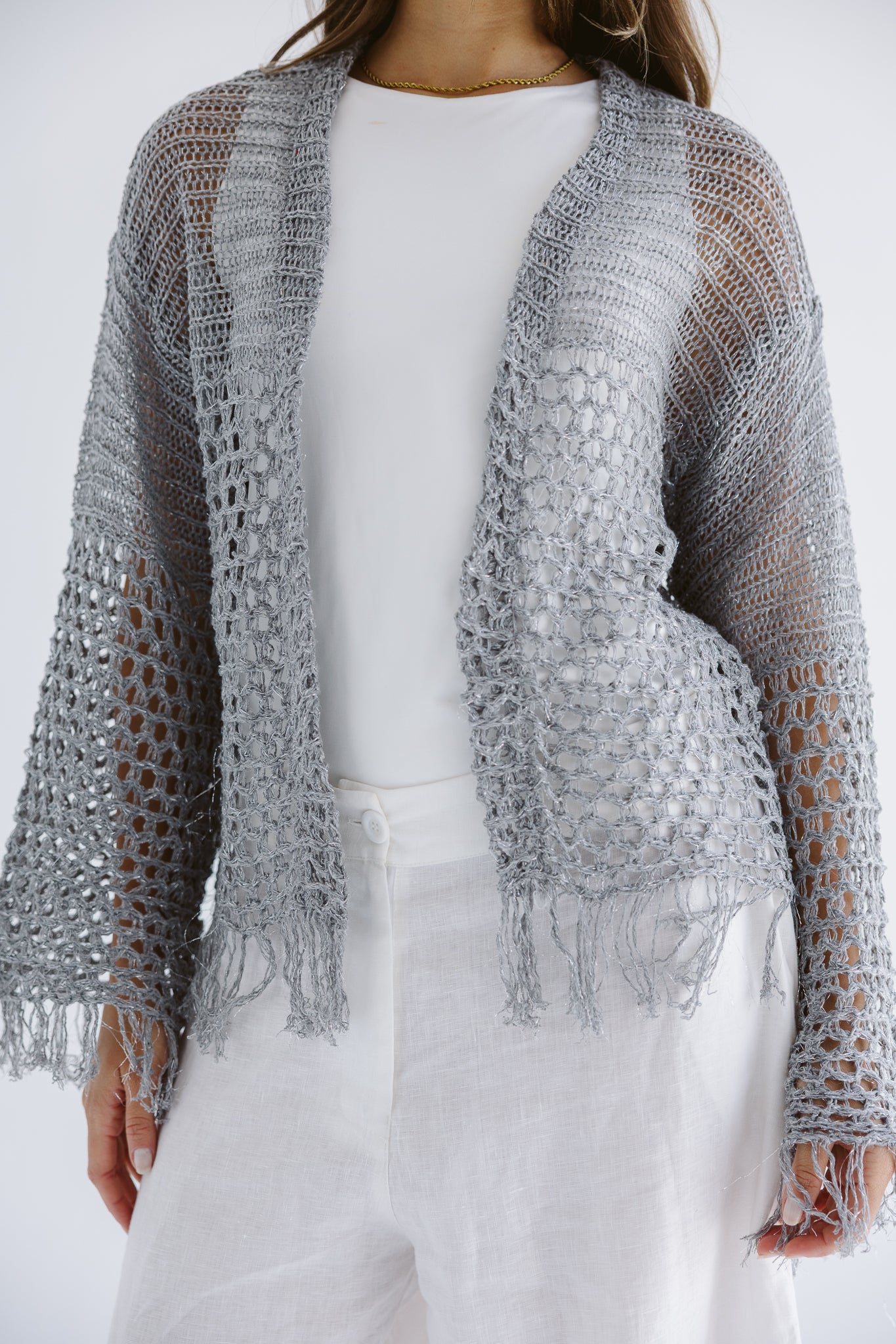 Sun Wave Shimmer Crochet Cardigan Silver