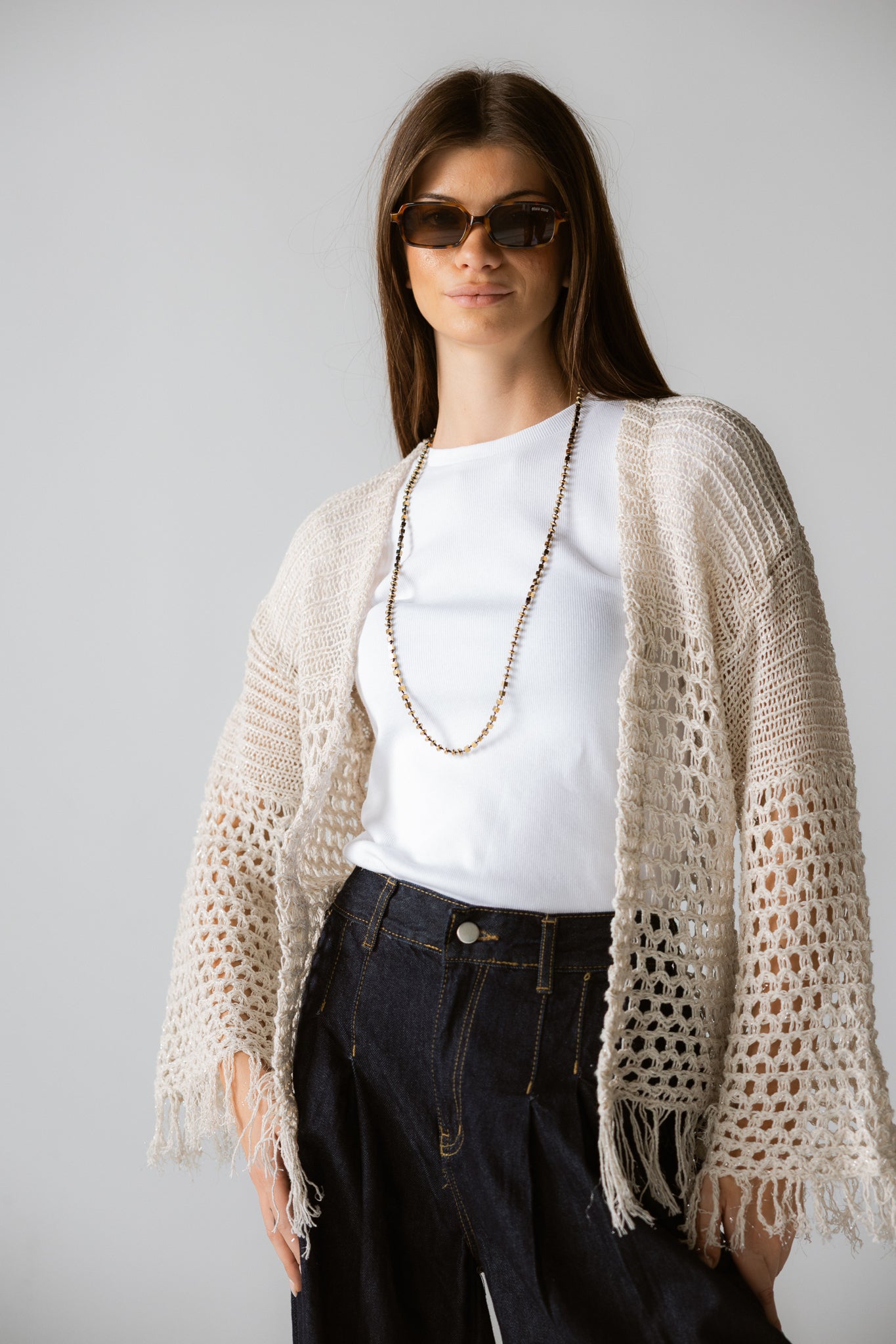 Sun Wave Shimmer Crochet Cardigan Off White