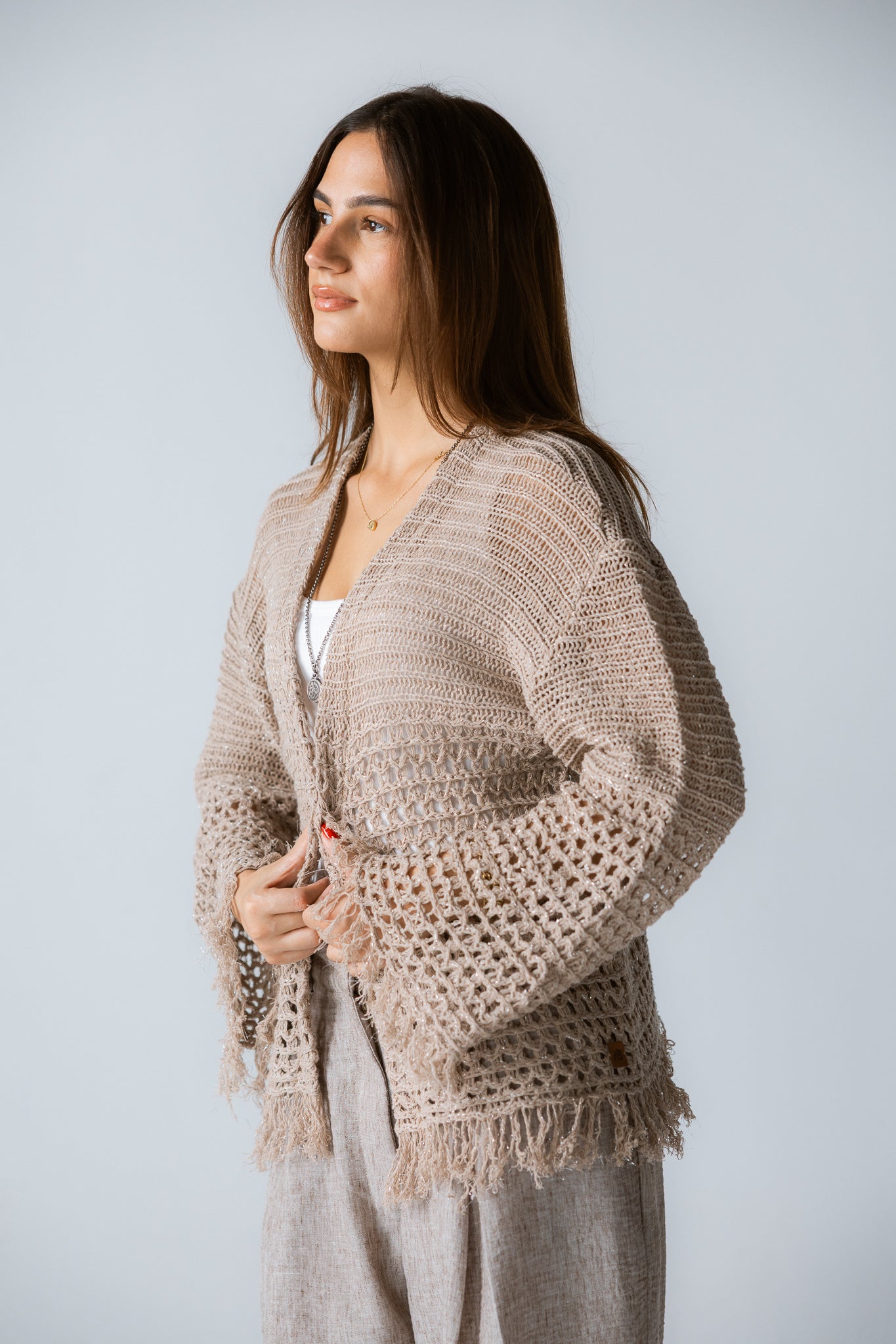Sun Wave Shimmer Crochet Cardigan Beige