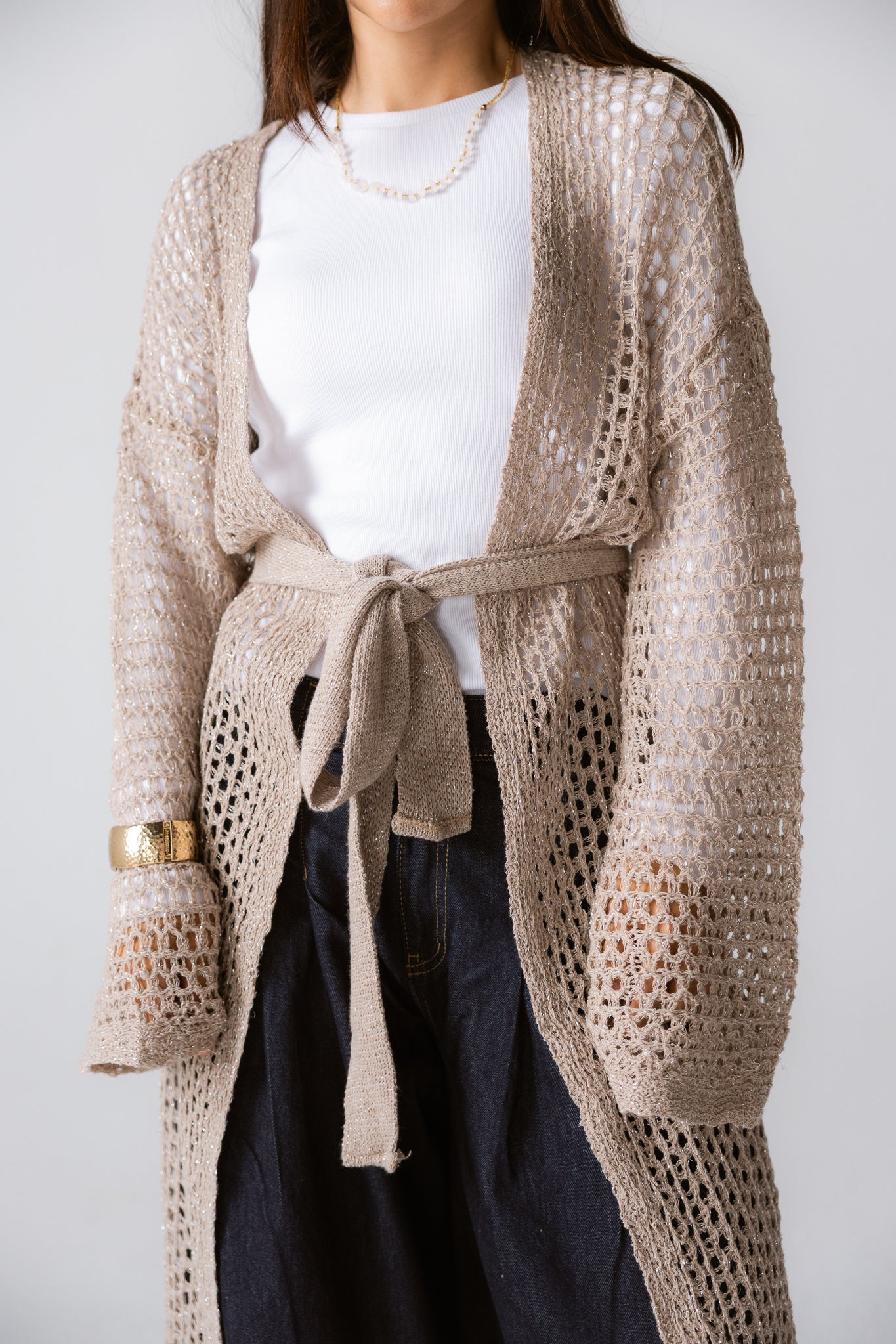 Beach Shimmer Long Cardigan Beige