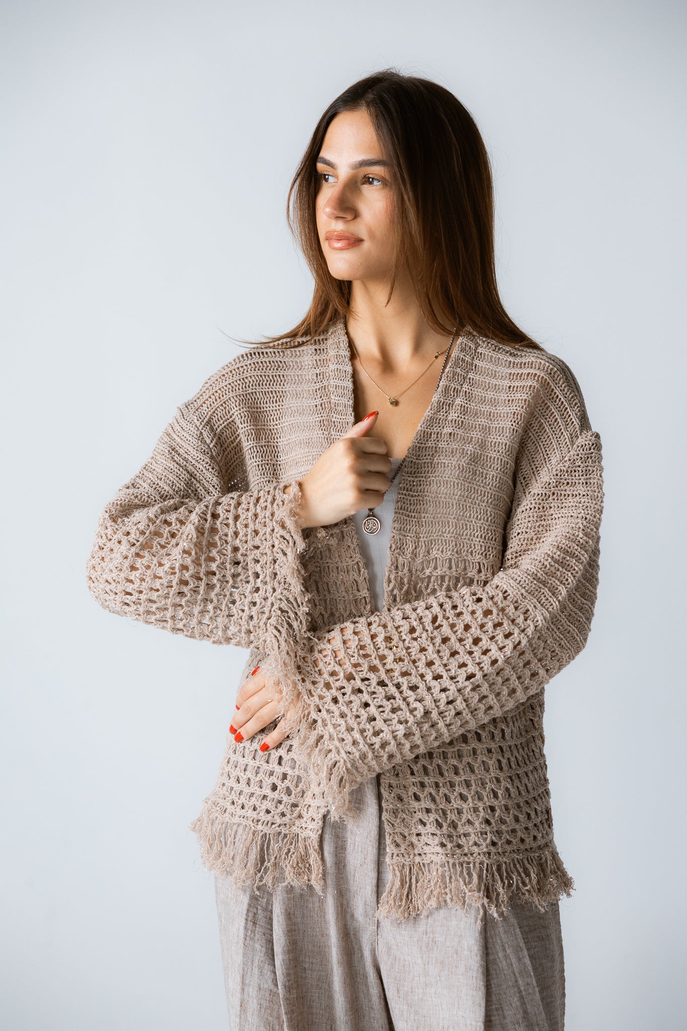 Sun Wave Shimmer Crochet Cardigan Beige