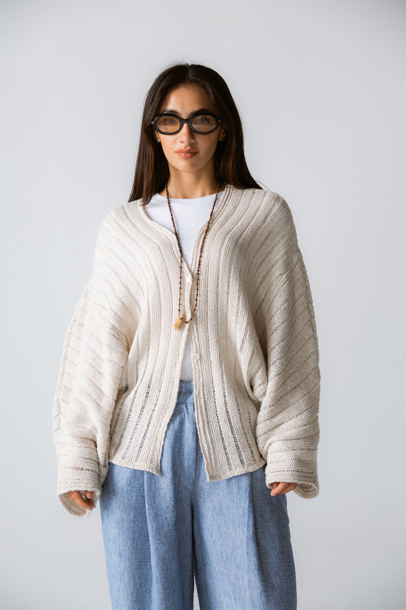 Sandy Crochet Shimmer Cardigan Off White
