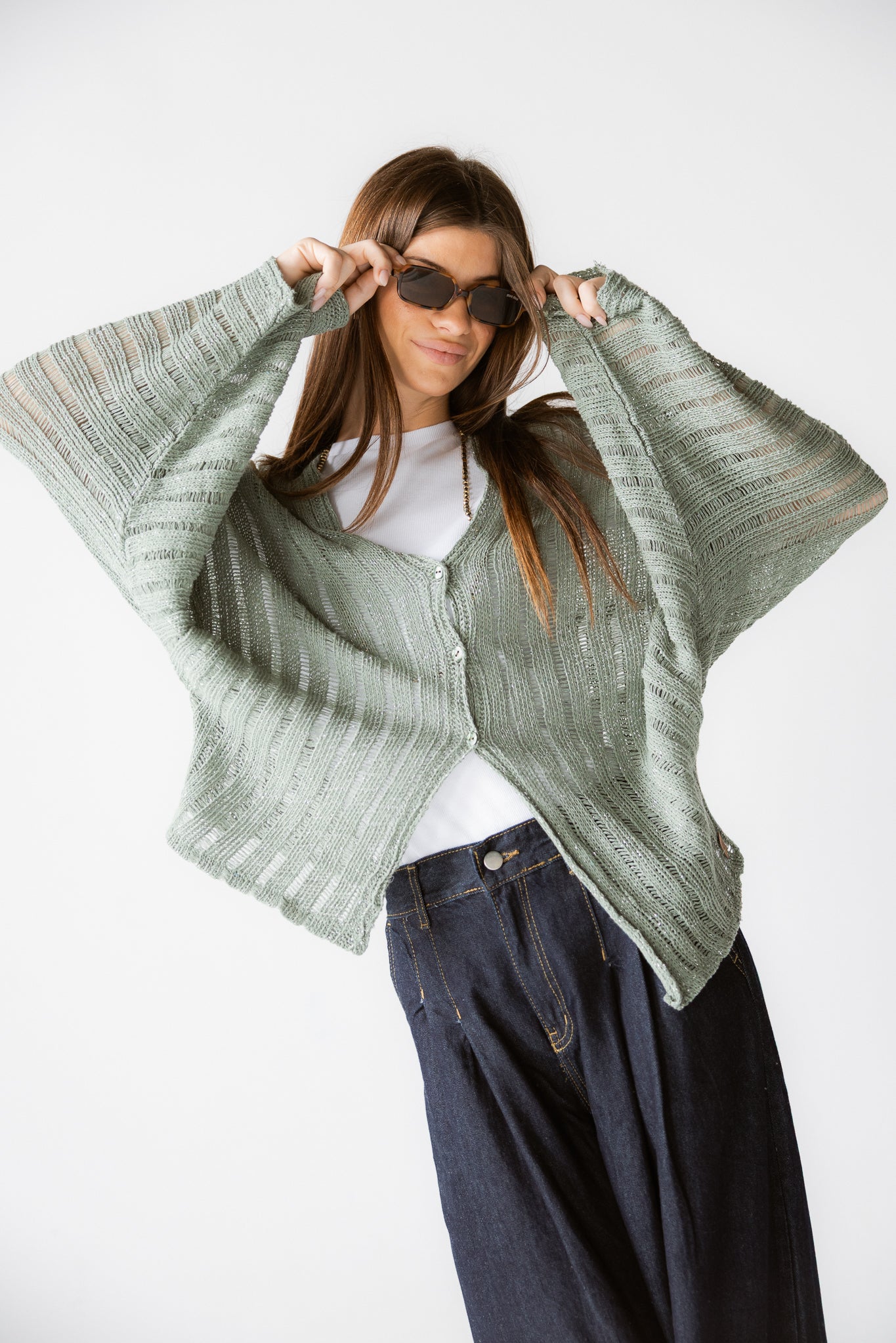 Sandy Crochet Shimmer Cardigan Mint Green