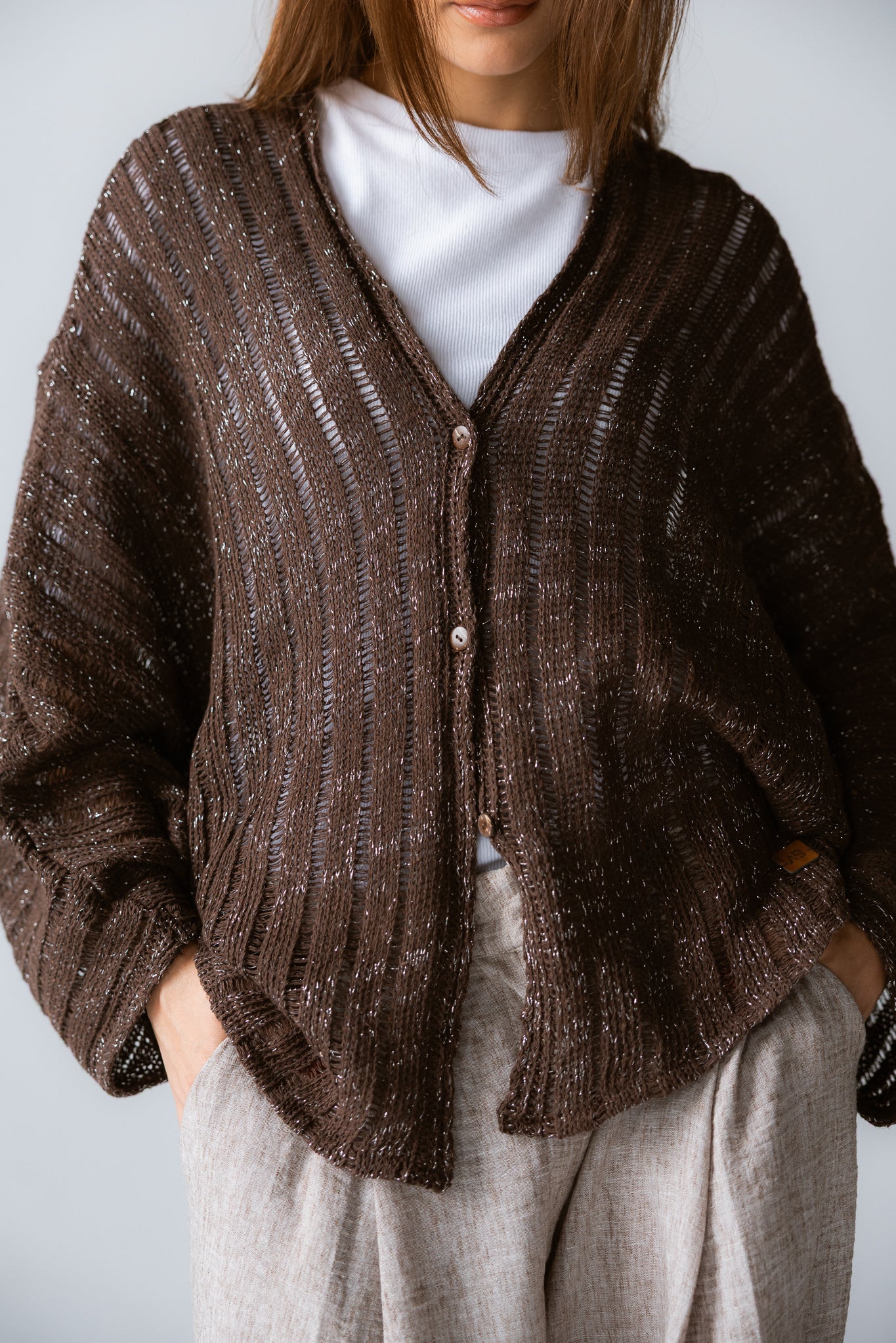Sandy Crochet Shimmer Cardigan Brown