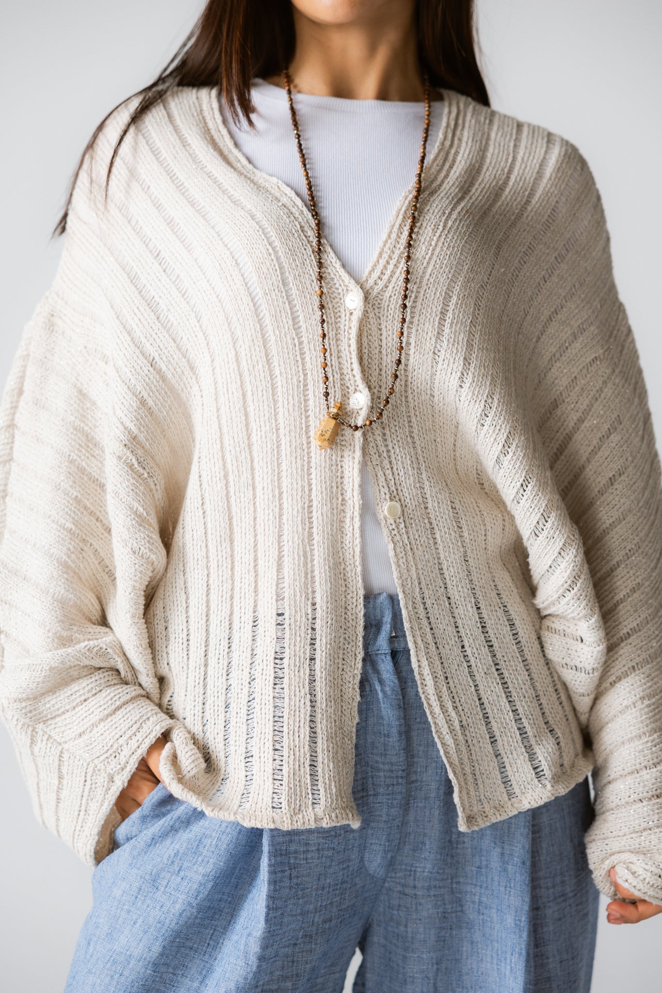 Sandy Crochet Shimmer Cardigan Off White