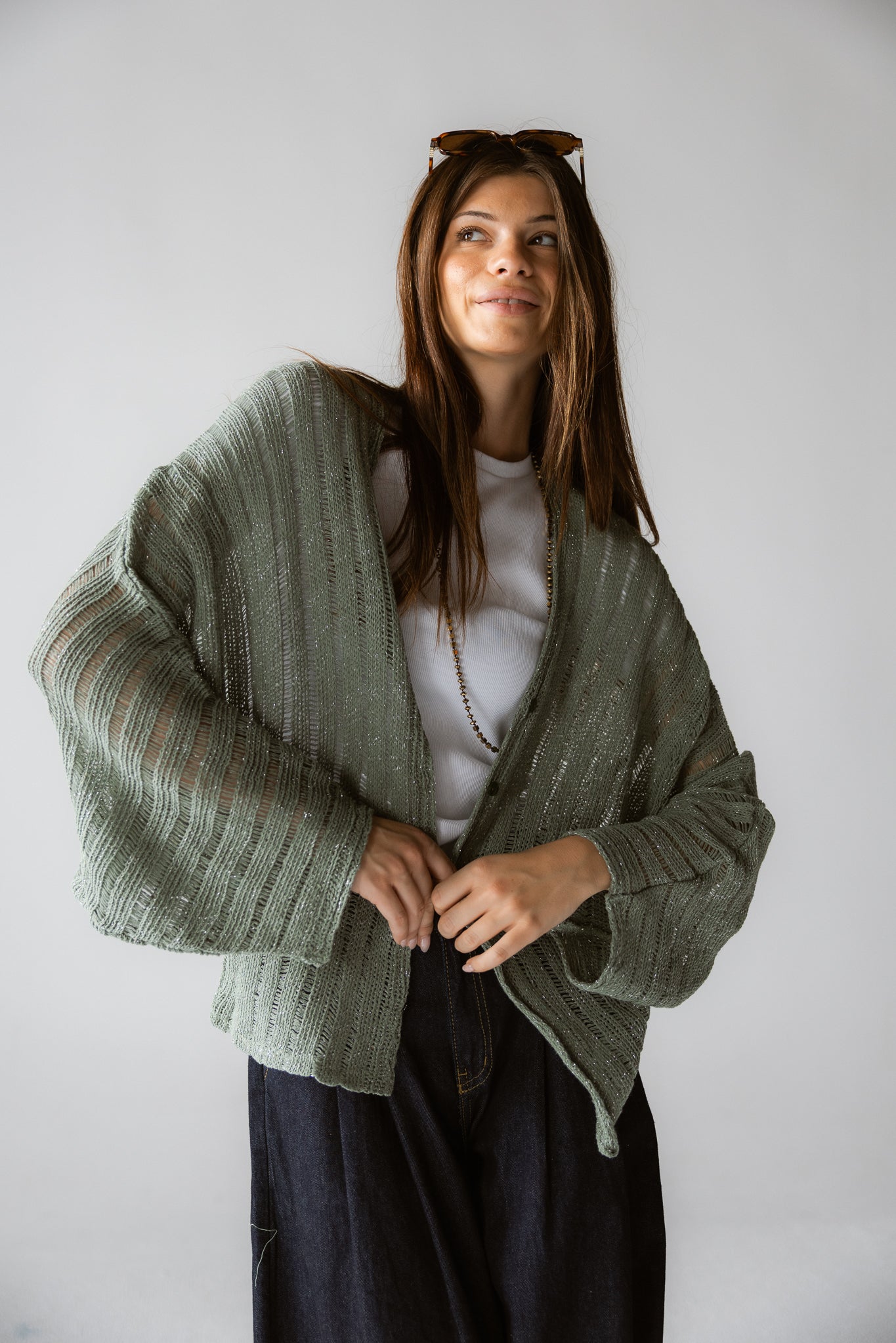Sandy Crochet Shimmer Cardigan Mint Green