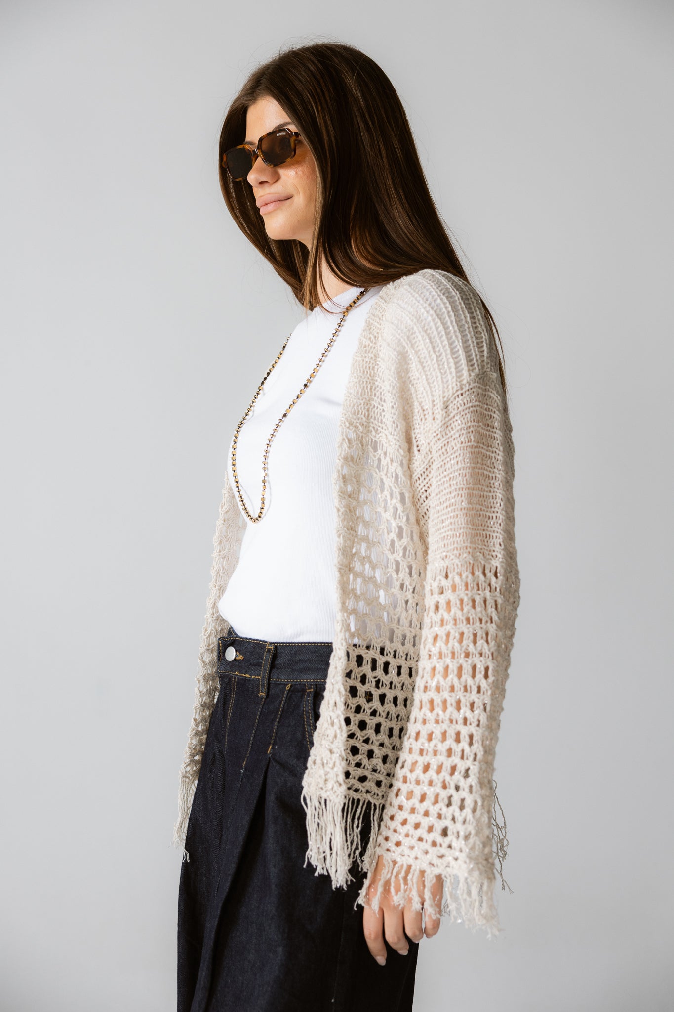Sun Wave Shimmer Crochet Cardigan Off White