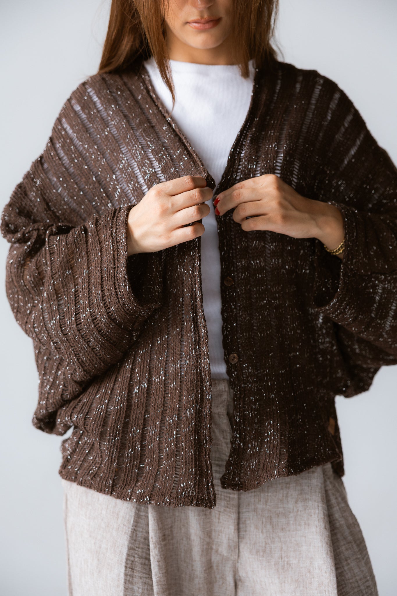 Sandy Crochet Shimmer Cardigan Brown