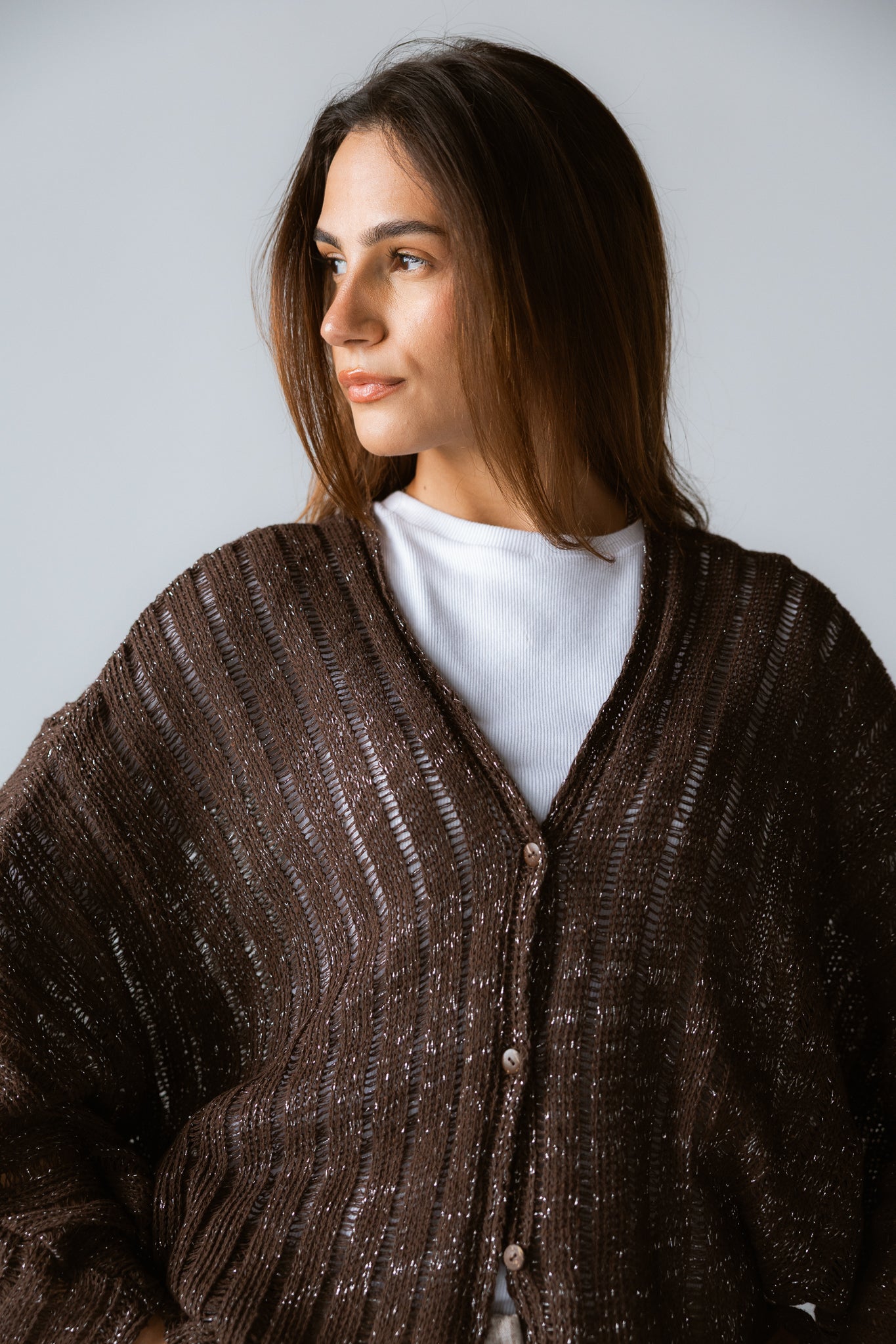 Sandy Crochet Shimmer Cardigan Brown