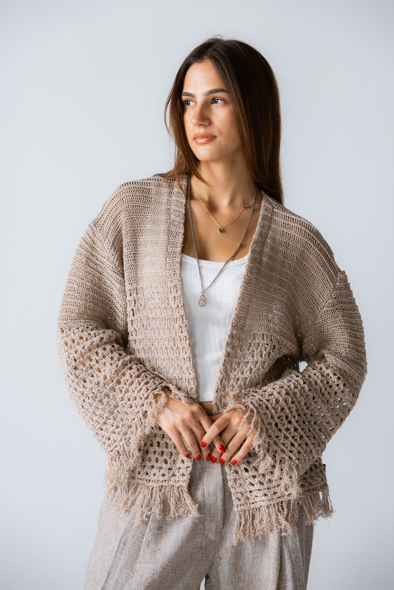 Sun Wave Shimmer Crochet Cardigan Beige