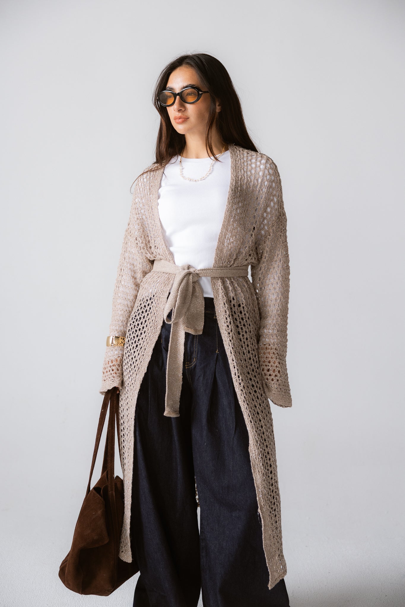 Beach Shimmer Long Cardigan Beige
