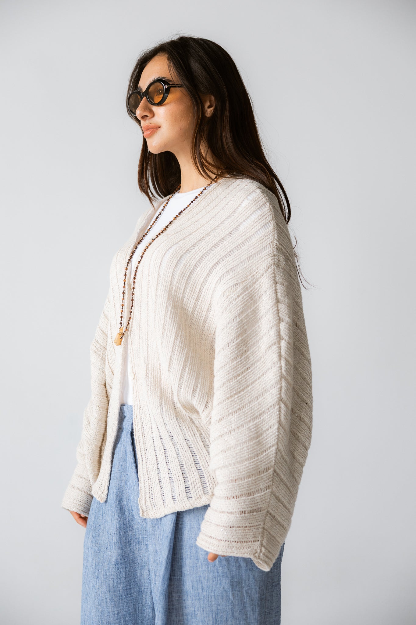 Sandy Crochet Shimmer Cardigan Off White