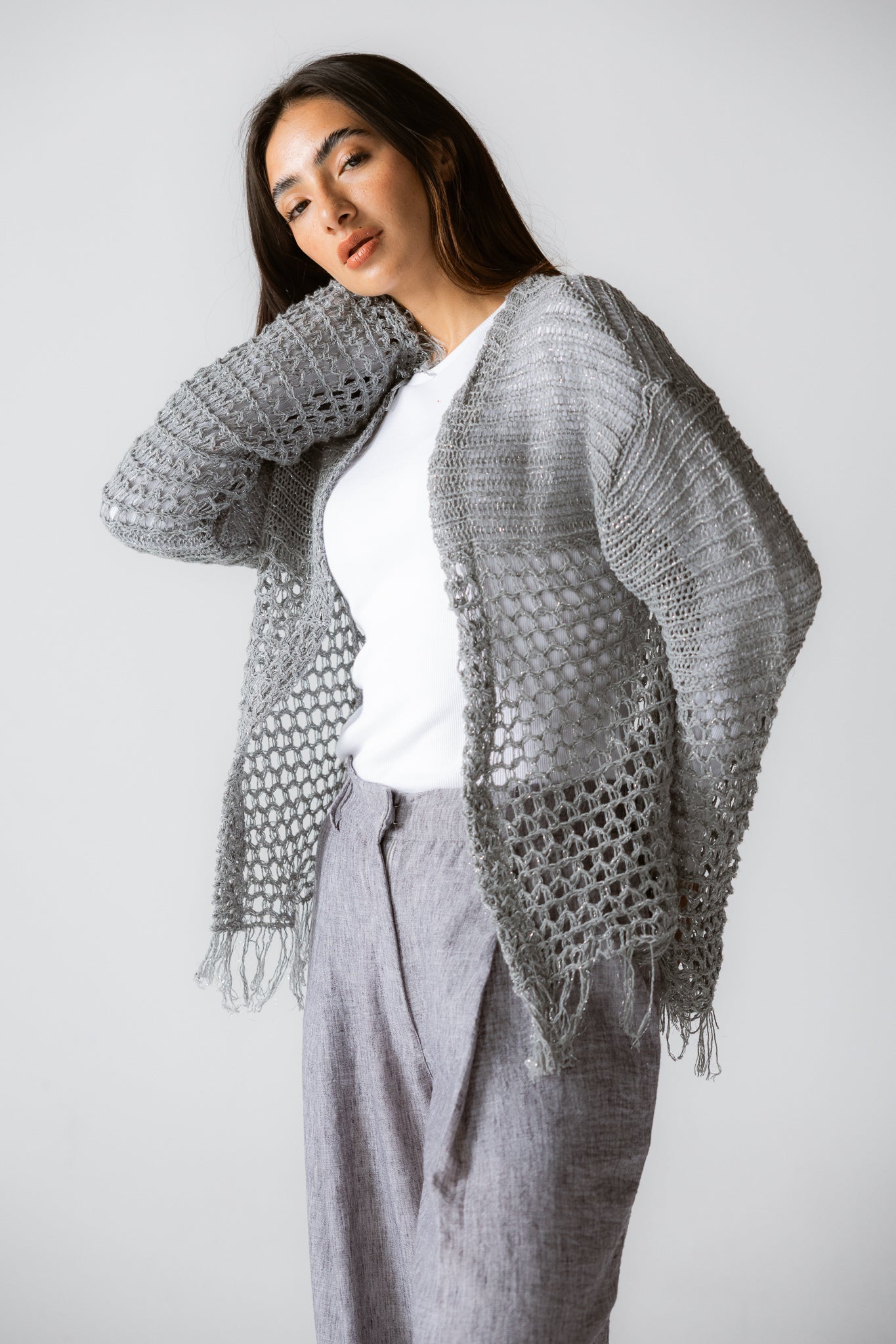 Sun Wave Shimmer Crochet Cardigan Silver
