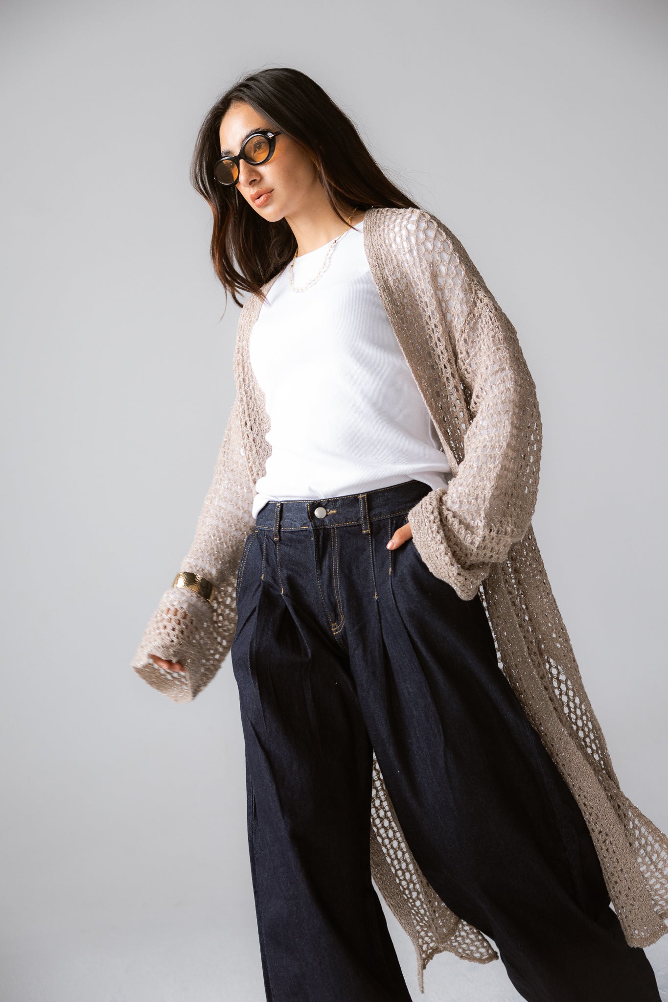 Beach Shimmer Long Cardigan Beige