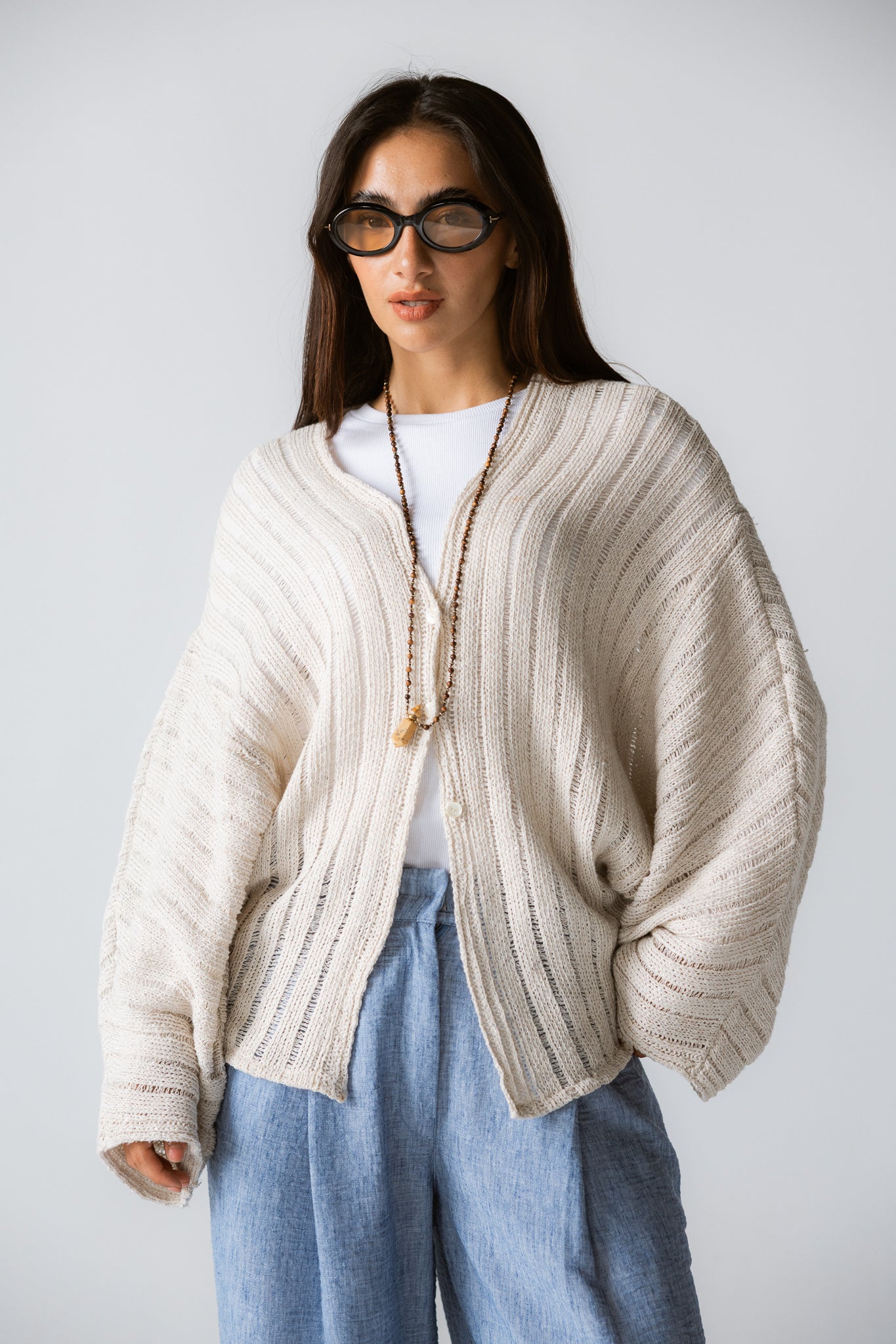 Sandy Crochet Shimmer Cardigan Off White