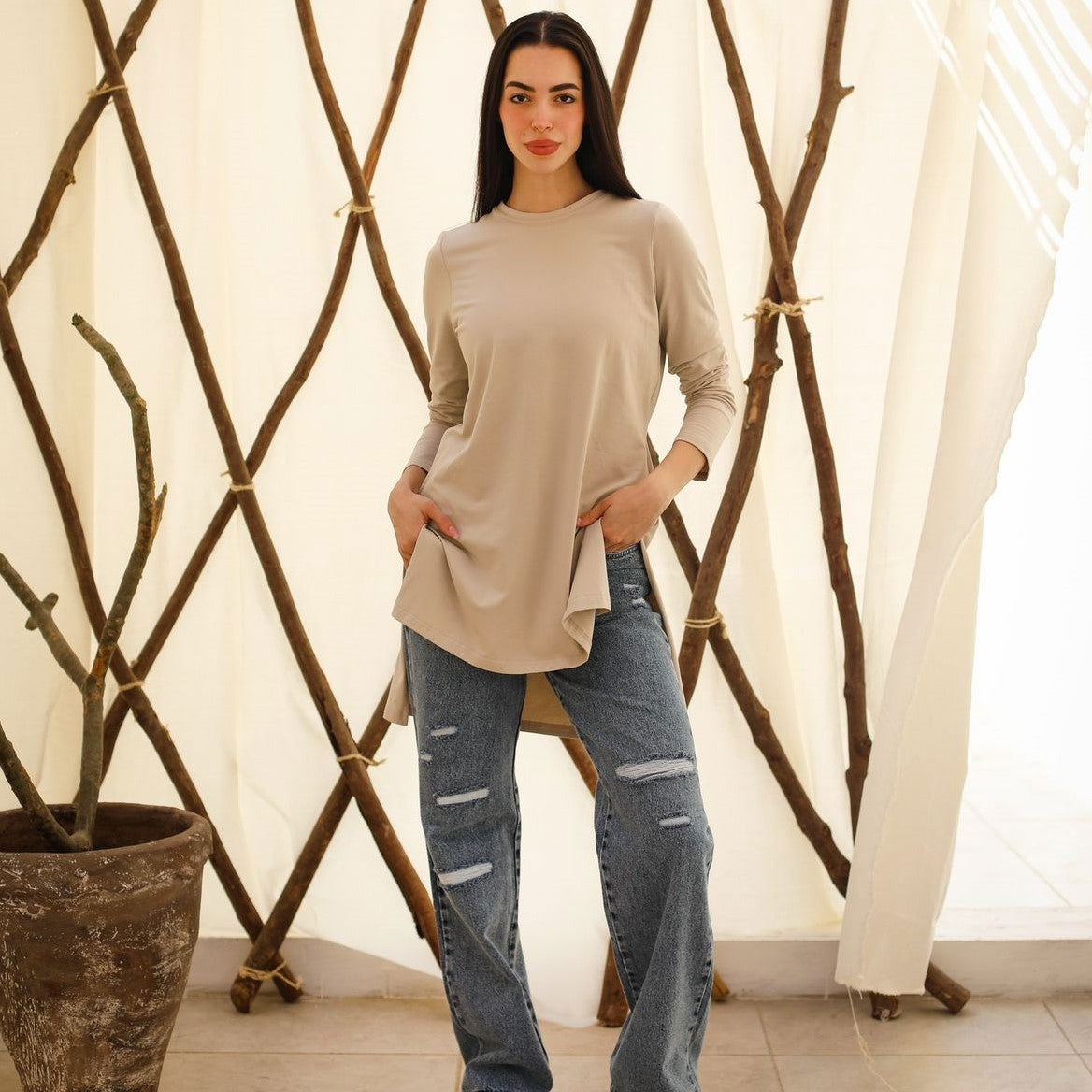 Basic Long Sleeve Top Beige - AB Essential Women Wear