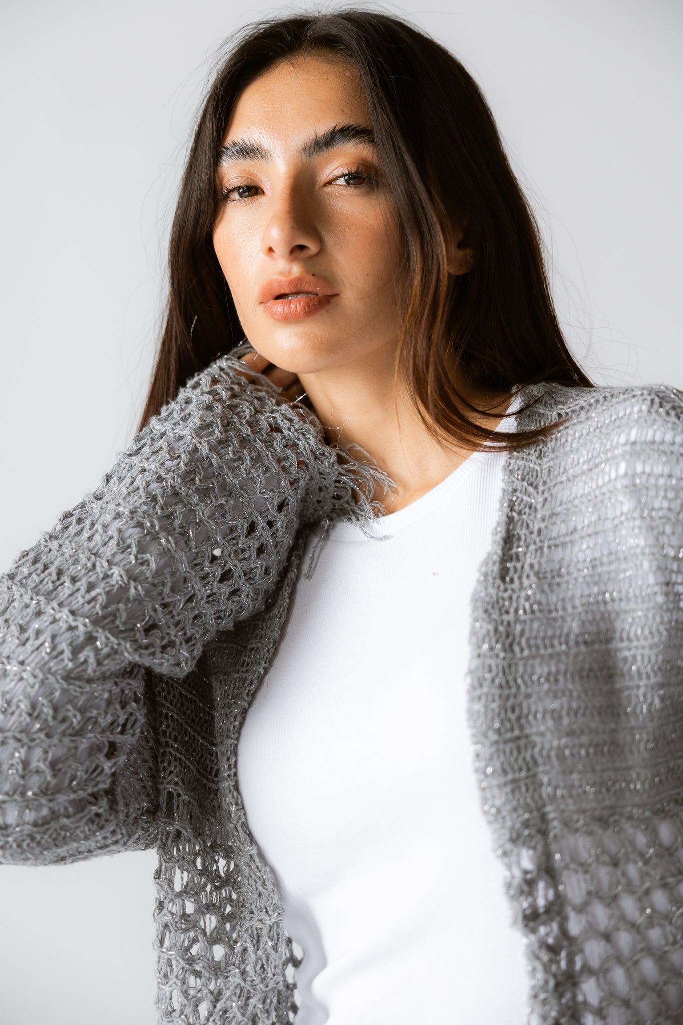 Sun Wave Shimmer Crochet Cardigan Silver