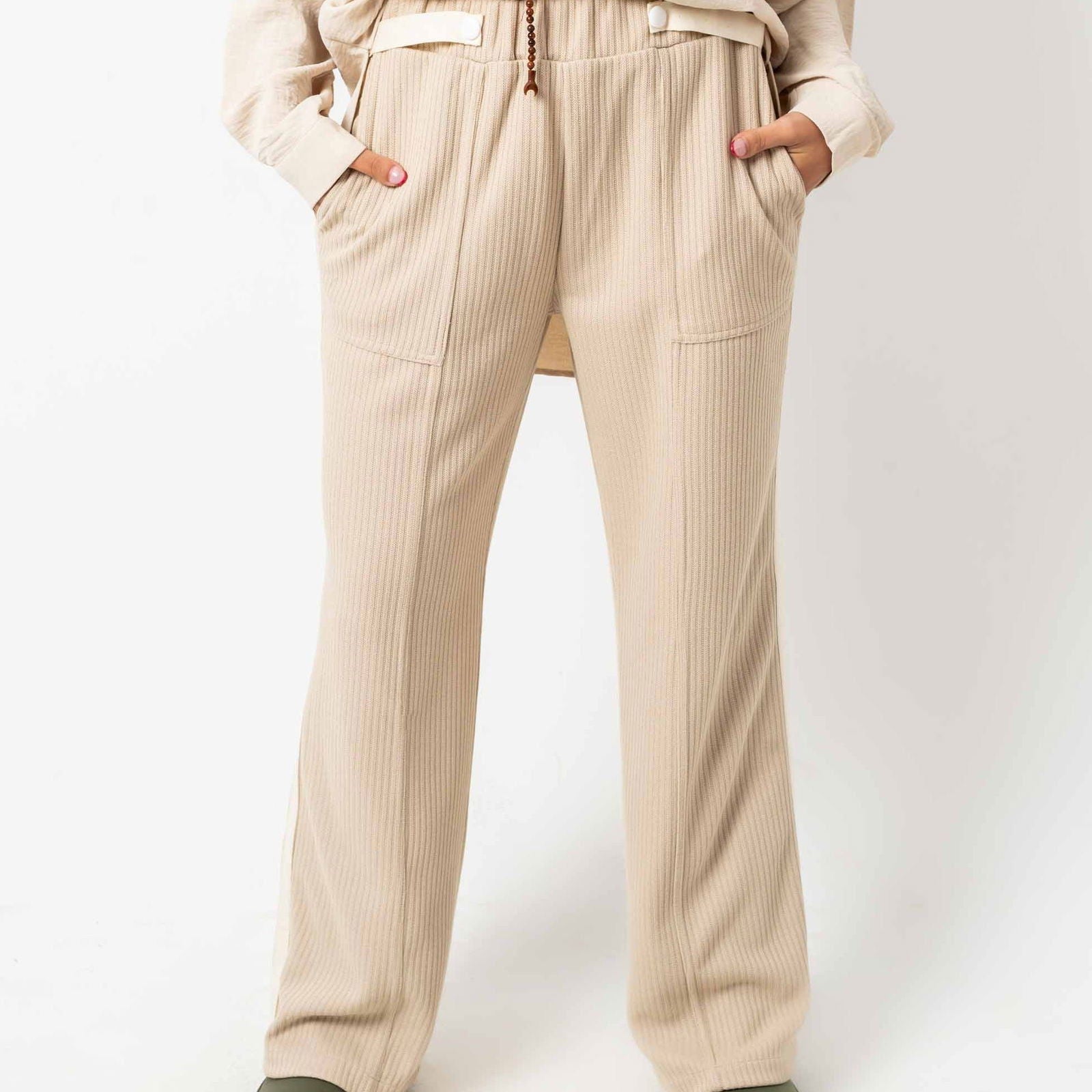 Wool Stripped Beige Pants - AB Essential Women Wear
