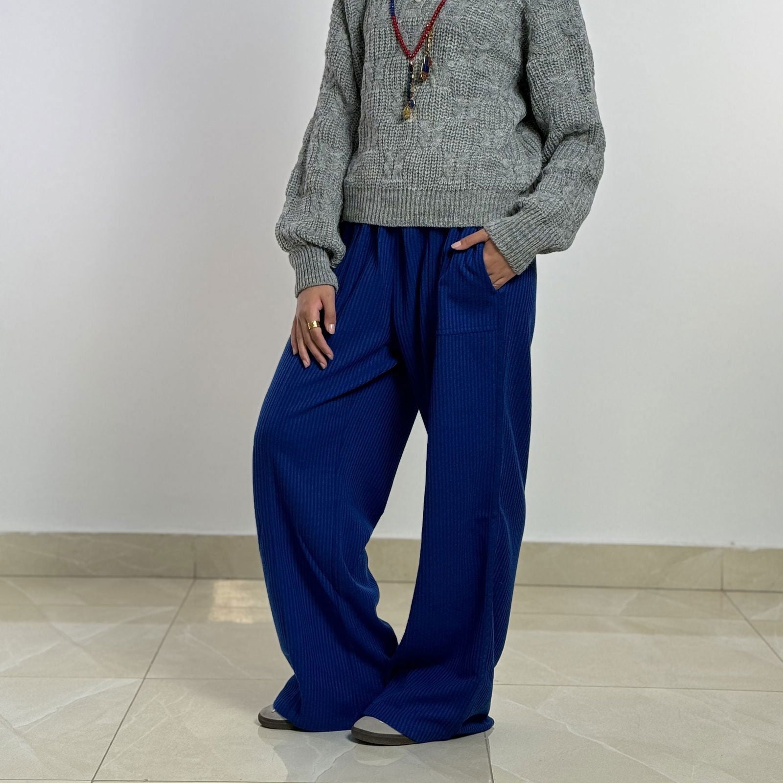 Wool Stripped Royal Blue Pants - AB Essential Women Wear