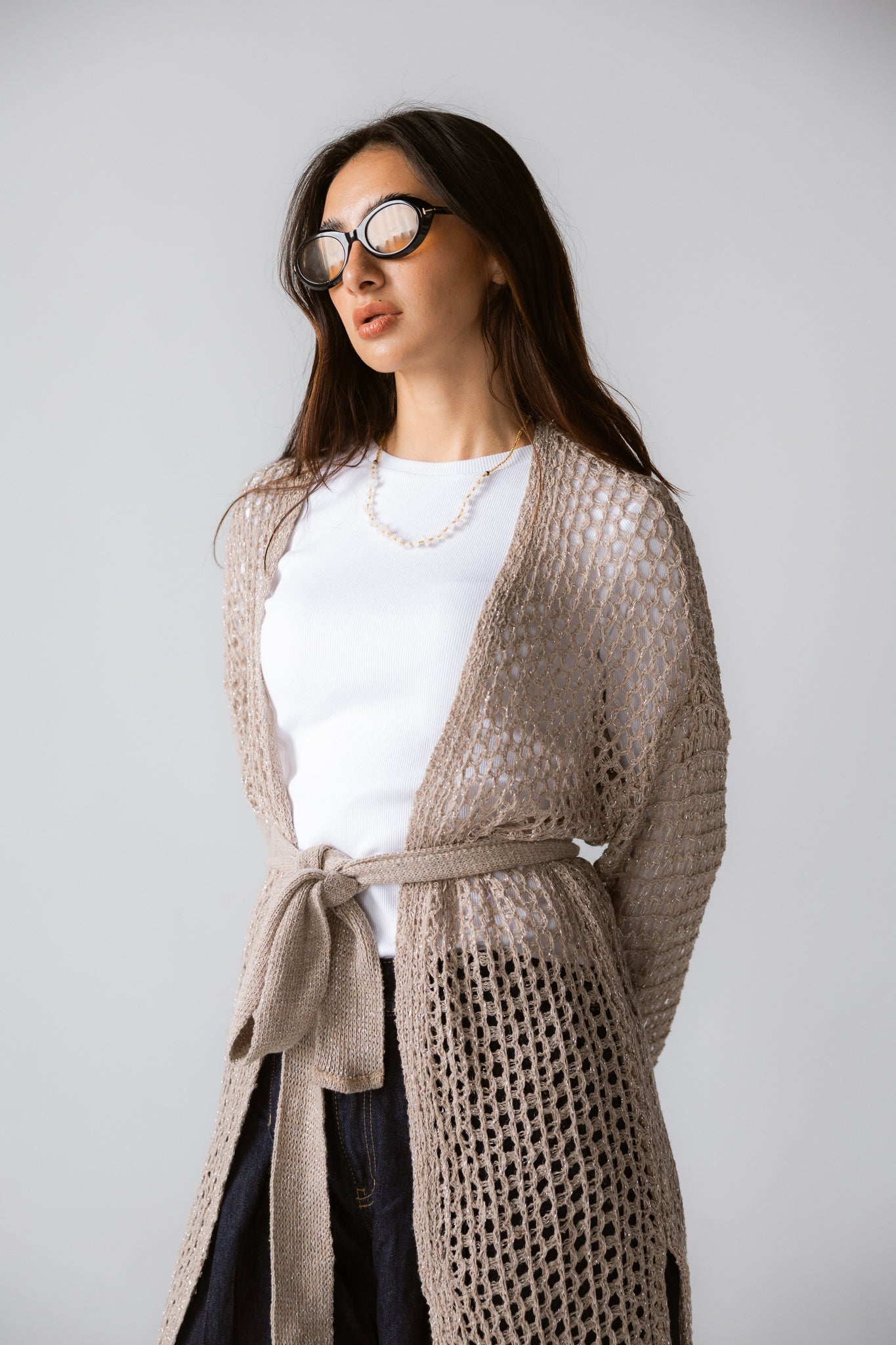 Beach Shimmer Long Cardigan Beige - AB ESSENTIALS