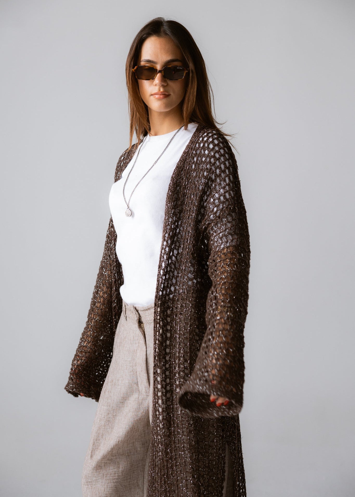 Beach Shimmer Long Cardigan Brown - AB ESSENTIALS