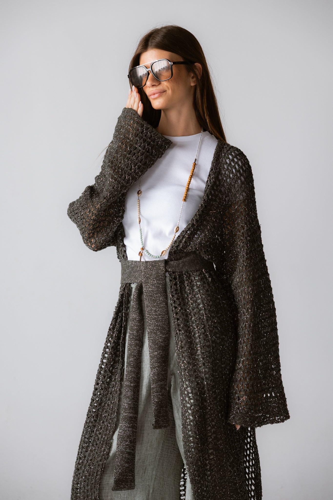 Beach Shimmer Long Cardigan Olive - AB ESSENTIALS