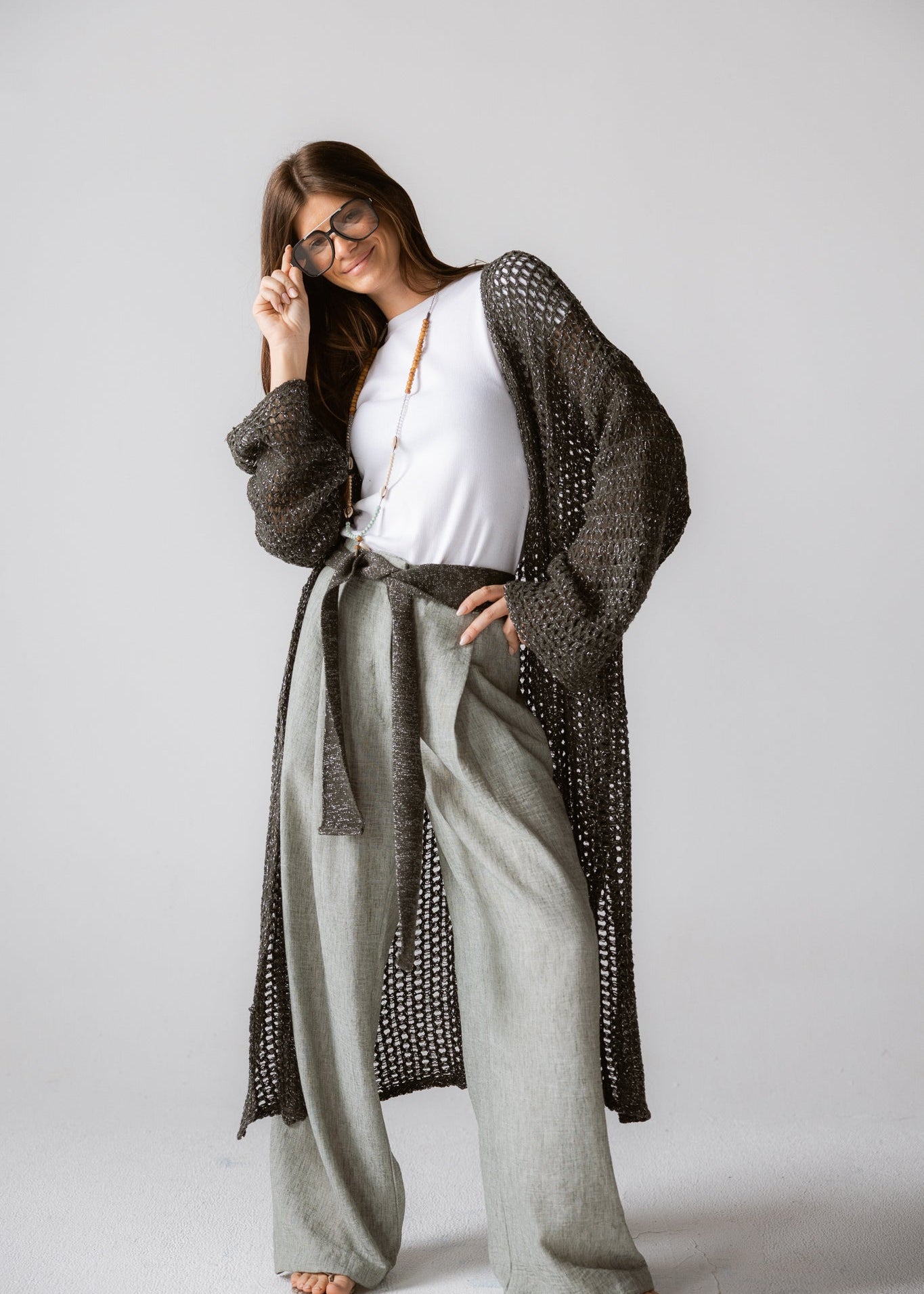 Beach Shimmer Long Cardigan Olive - AB ESSENTIALS