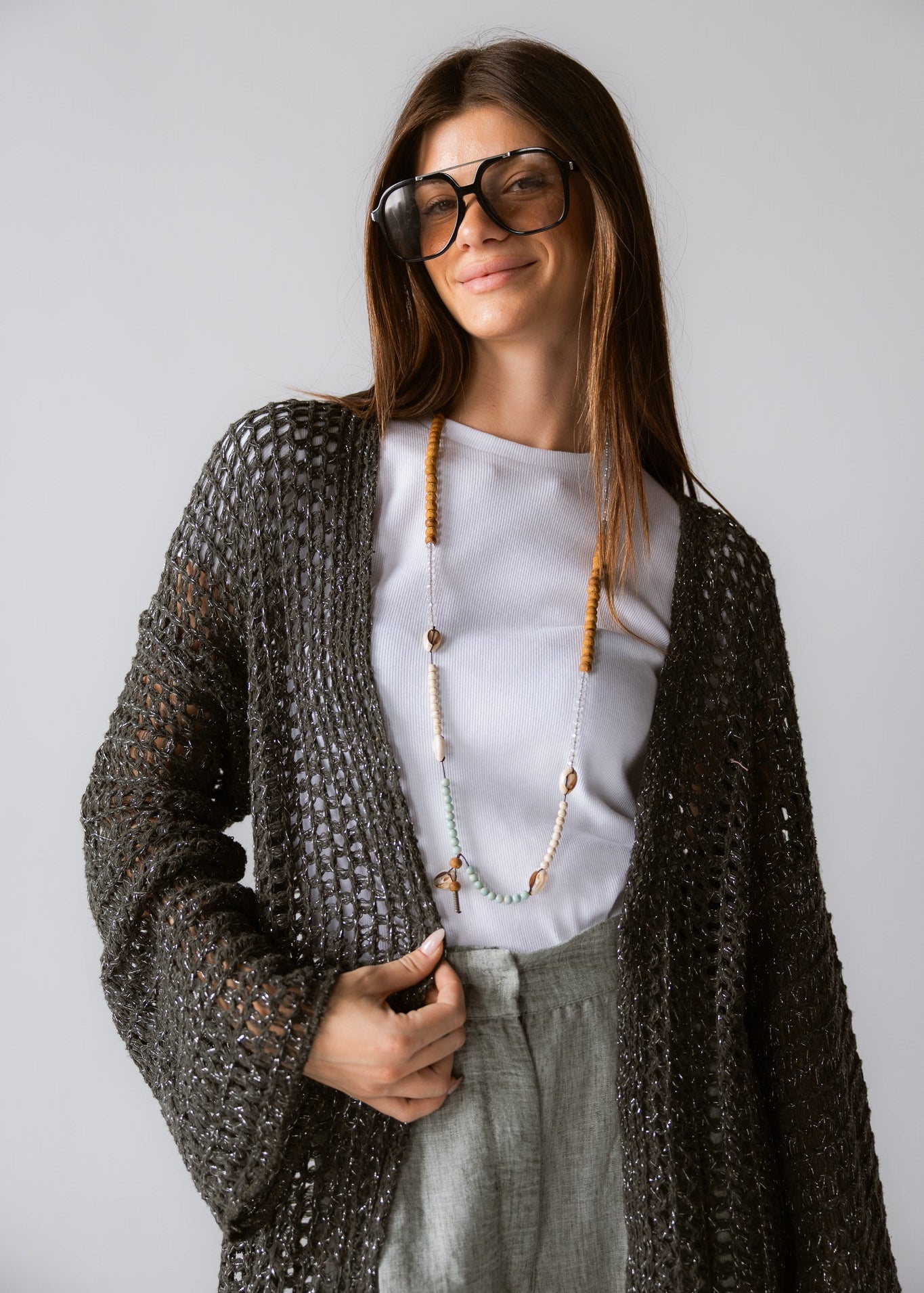 Beach Shimmer Long Cardigan Olive - AB ESSENTIALS