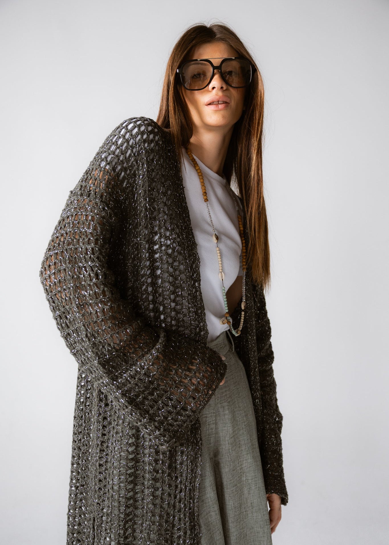 Beach Shimmer Long Cardigan Olive - AB ESSENTIALS
