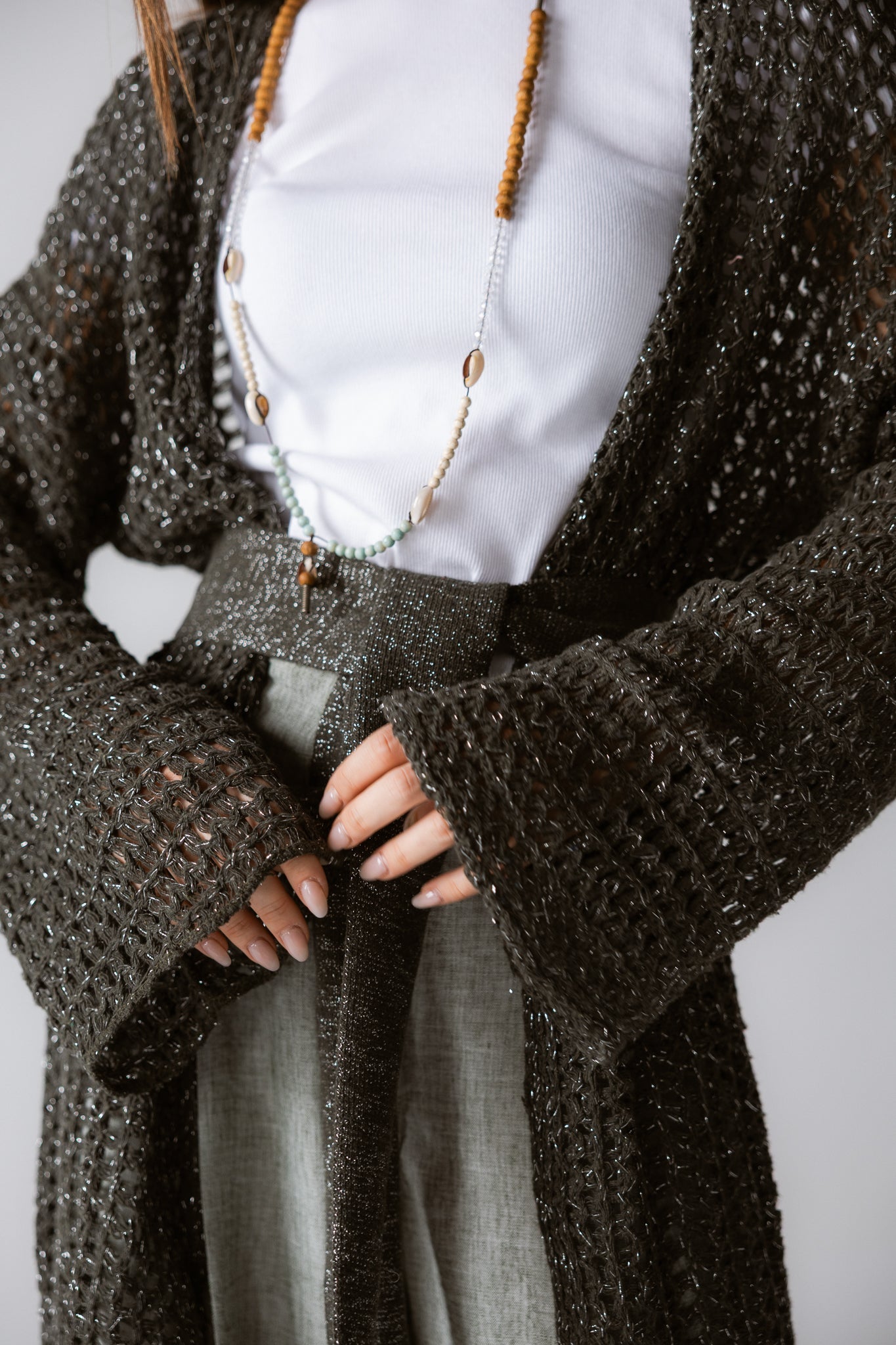 Beach Shimmer Long Cardigan Olive - AB ESSENTIALS