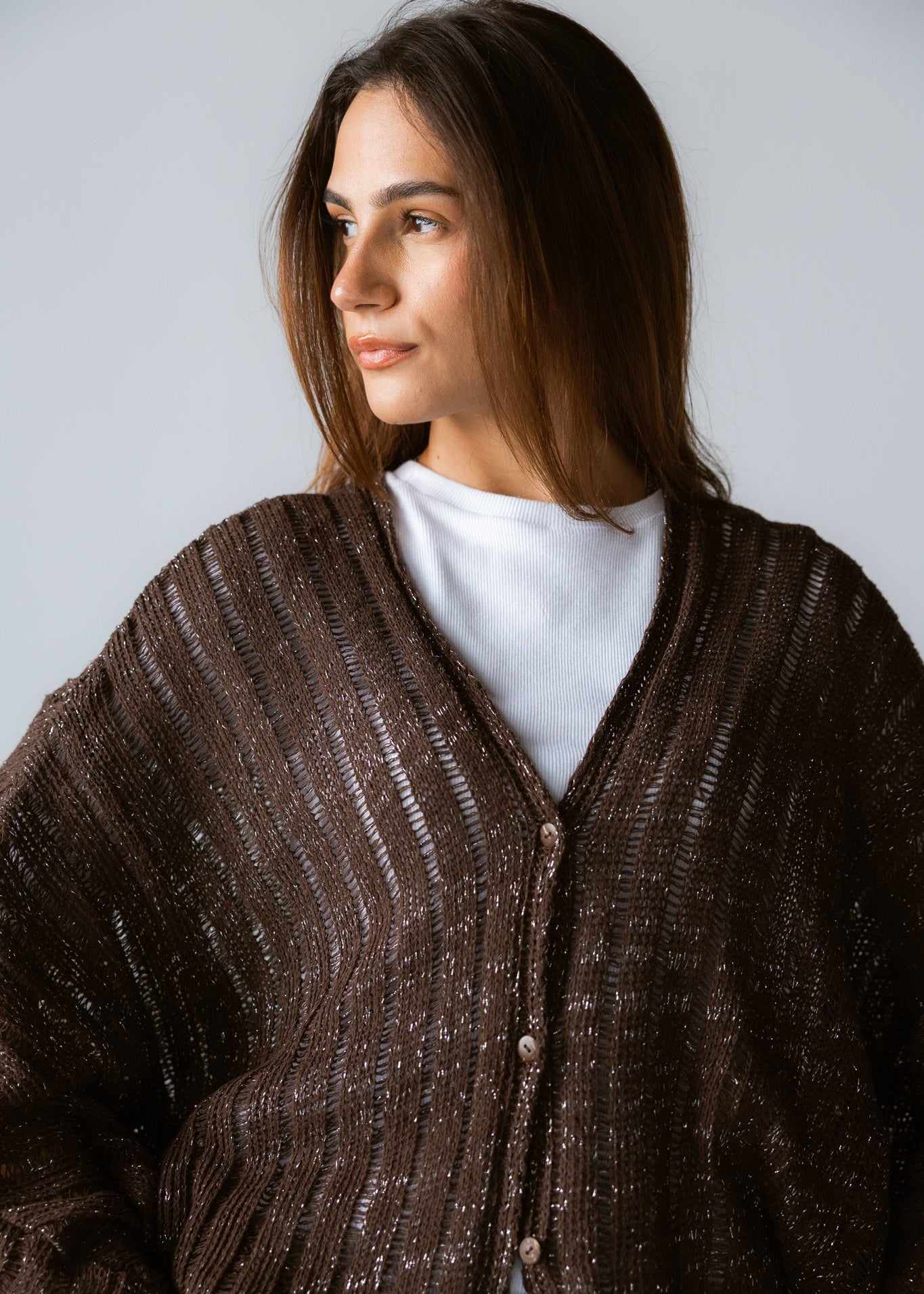 Sandy Crochet Shimmer Cardigan Brown - AB ESSENTIALS