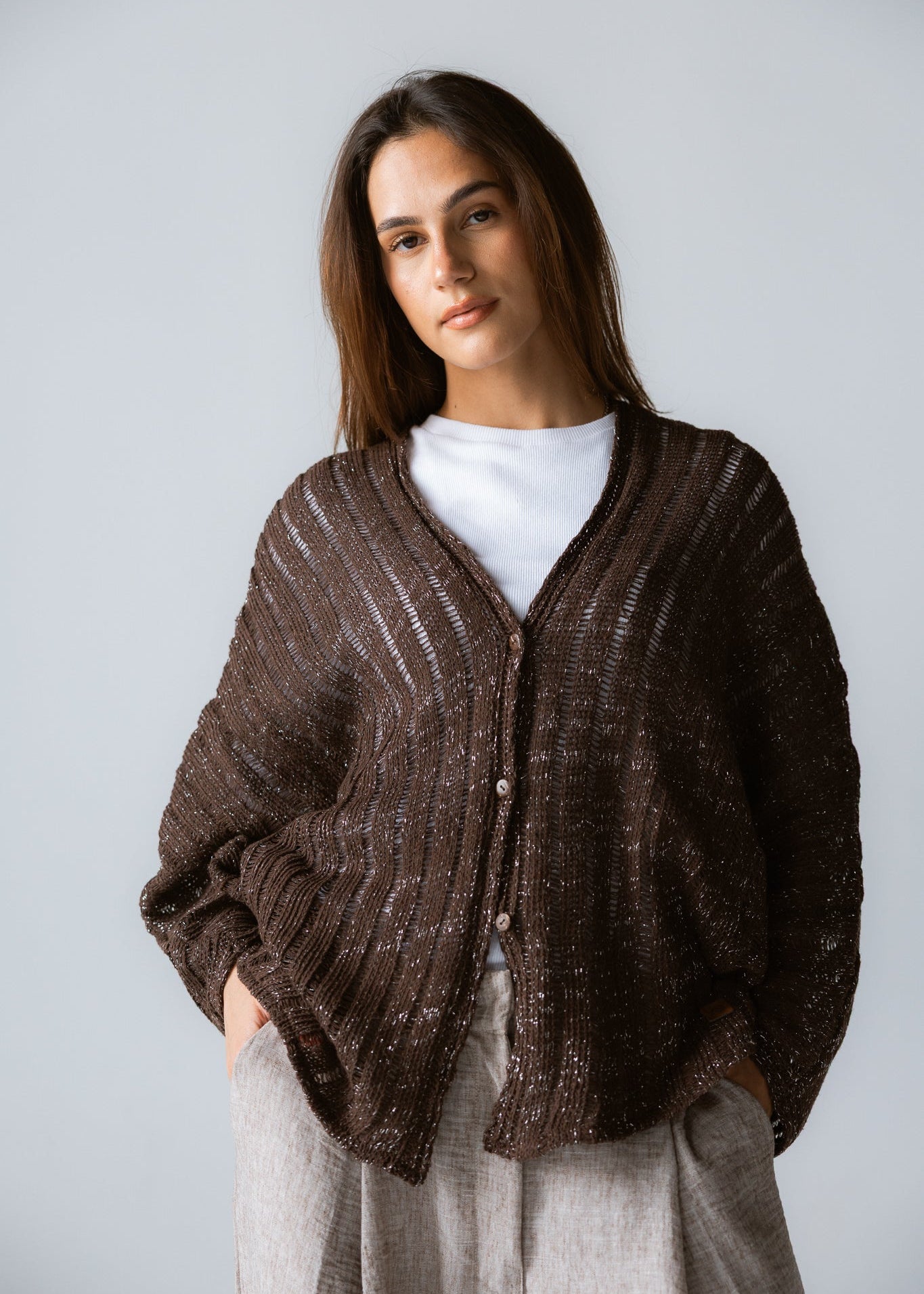 Sandy Crochet Shimmer Cardigan Brown - AB ESSENTIALS