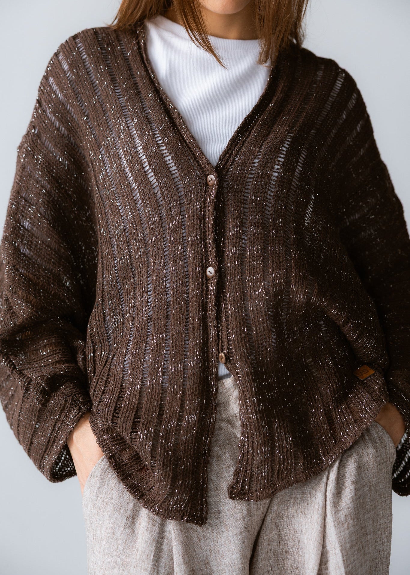 Sandy Crochet Shimmer Cardigan Brown - AB ESSENTIALS