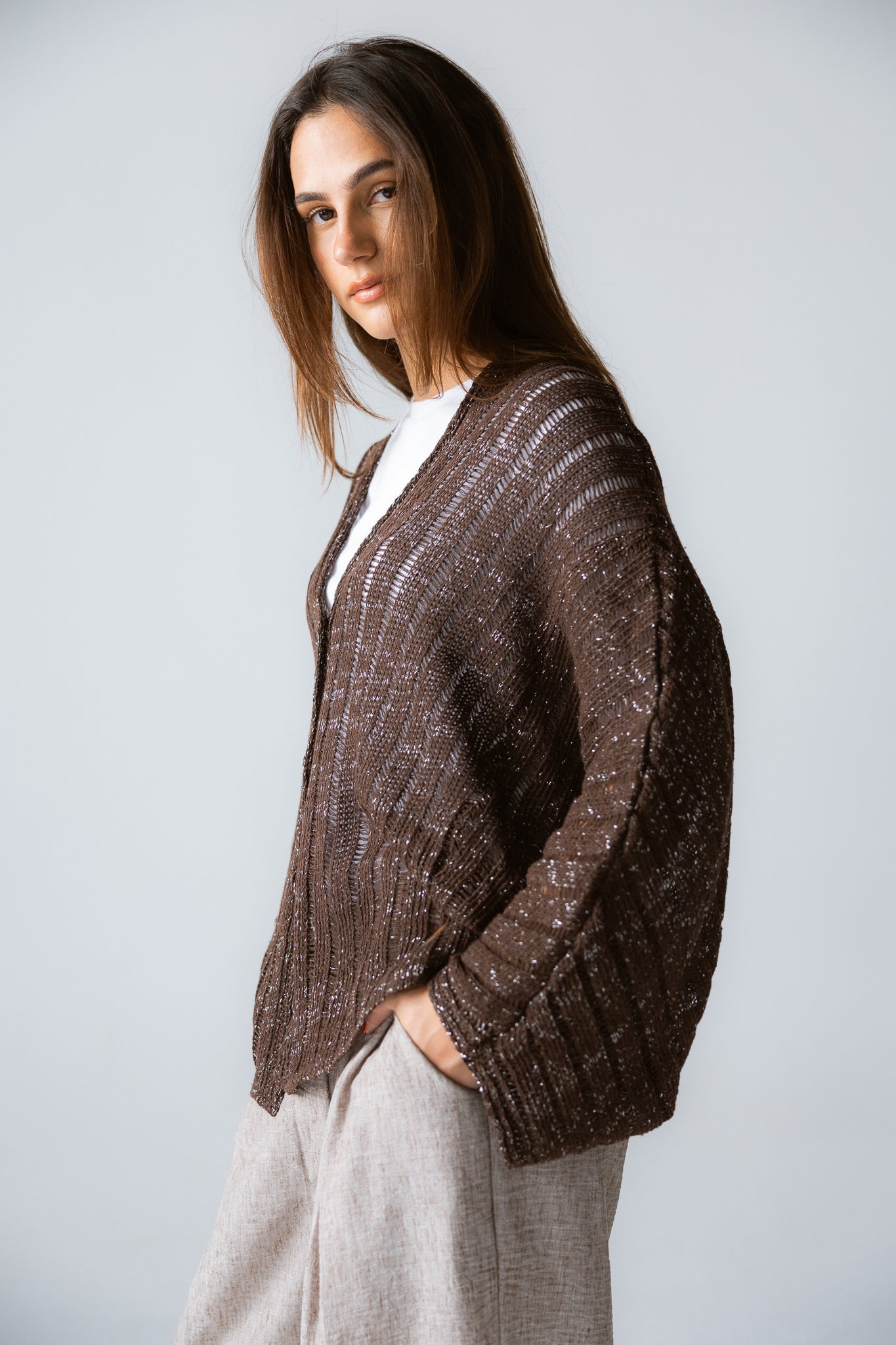 Sandy Crochet Shimmer Cardigan Brown - AB ESSENTIALS