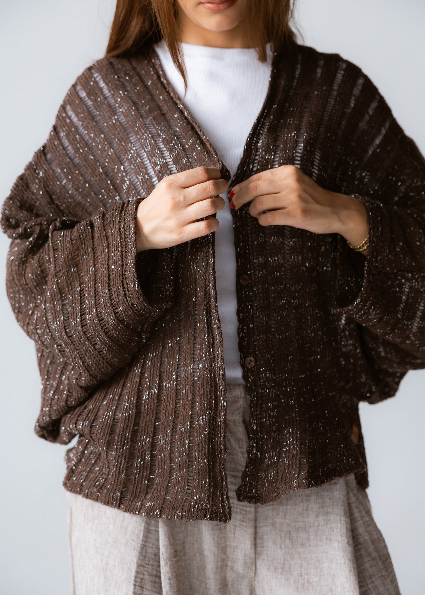 Sandy Crochet Shimmer Cardigan Brown - AB ESSENTIALS