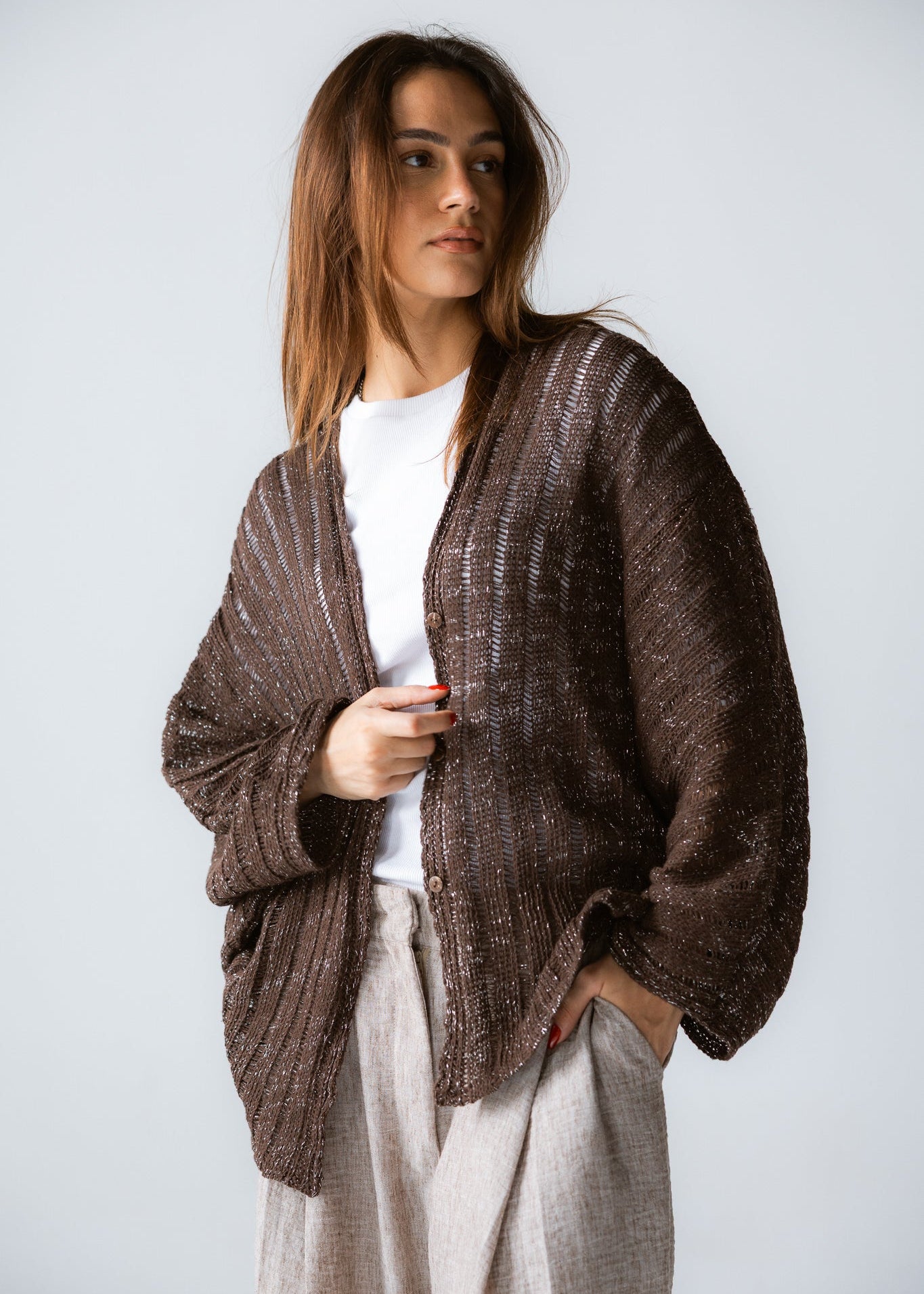 Sandy Crochet Shimmer Cardigan Brown - AB ESSENTIALS