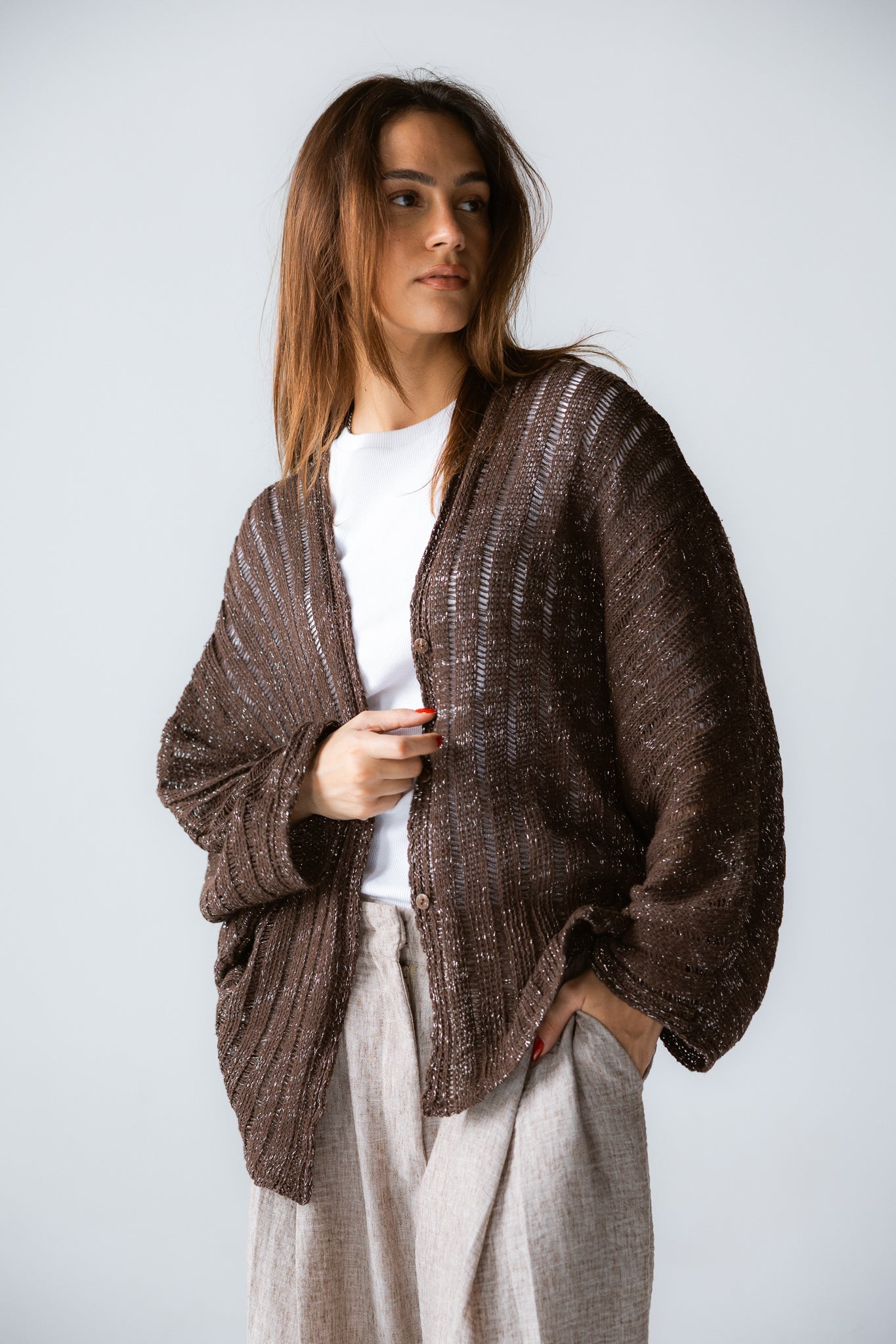 Sandy Crochet Shimmer Cardigan Brown - AB ESSENTIALS