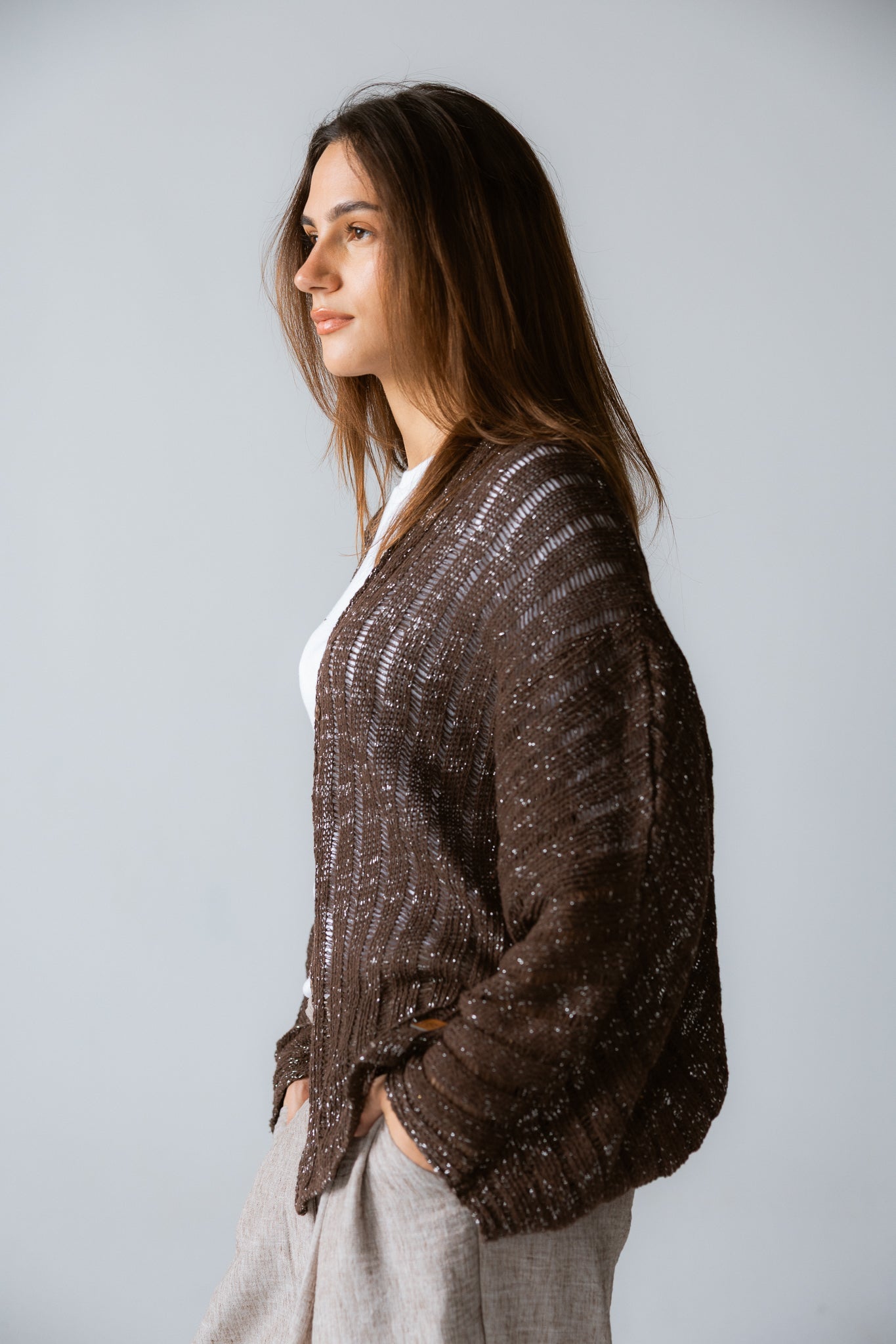 Sandy Crochet Shimmer Cardigan Brown - AB ESSENTIALS