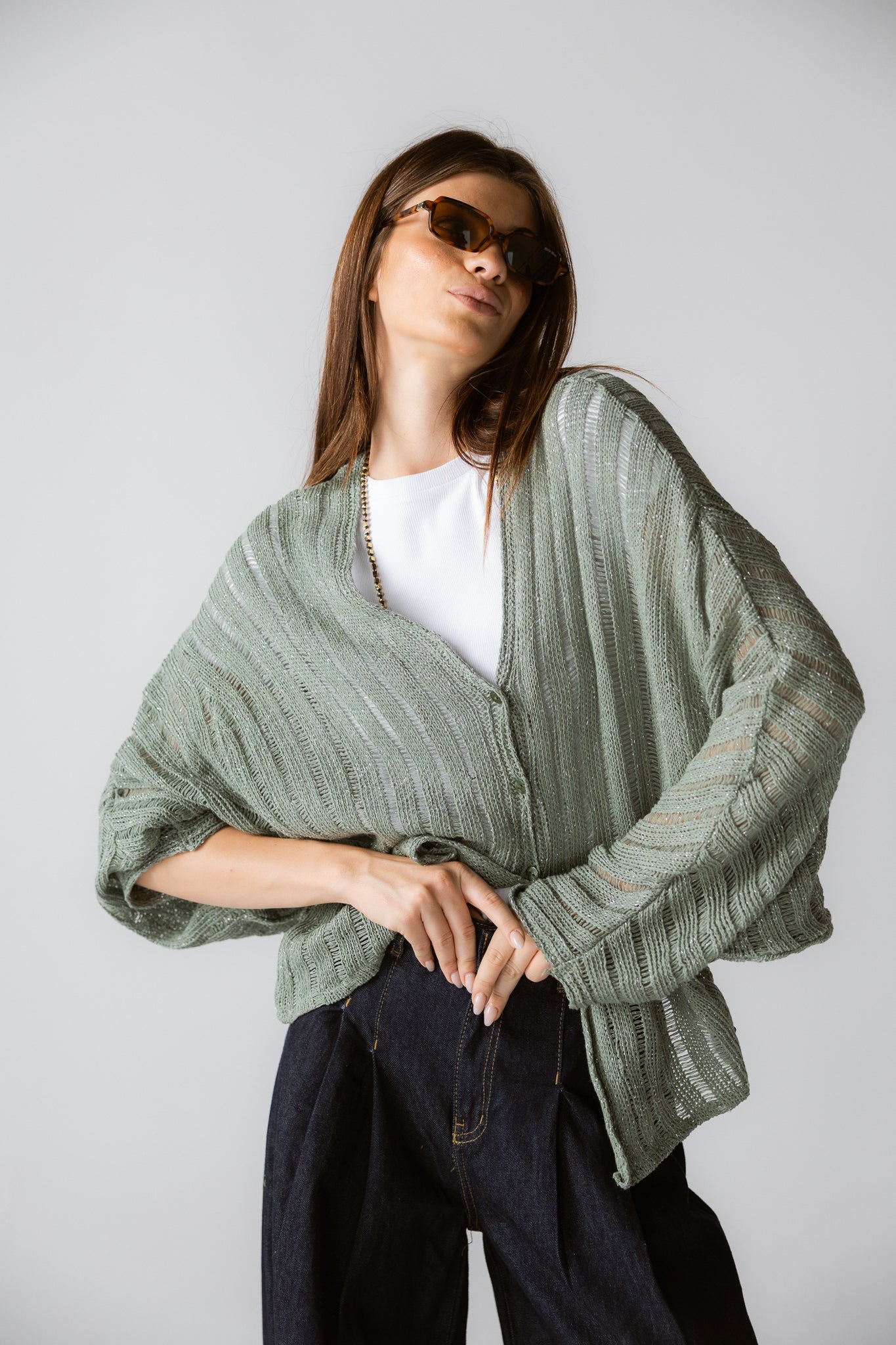 Sandy Crochet Shimmer Cardigan Mint Green - AB ESSENTIALS