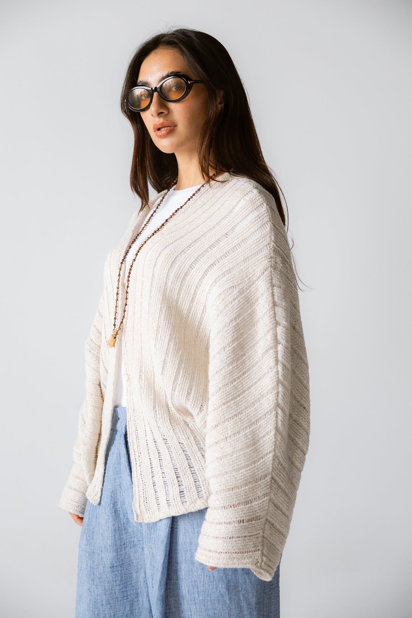Sandy Crochet Shimmer Cardigan Off White - AB ESSENTIALS