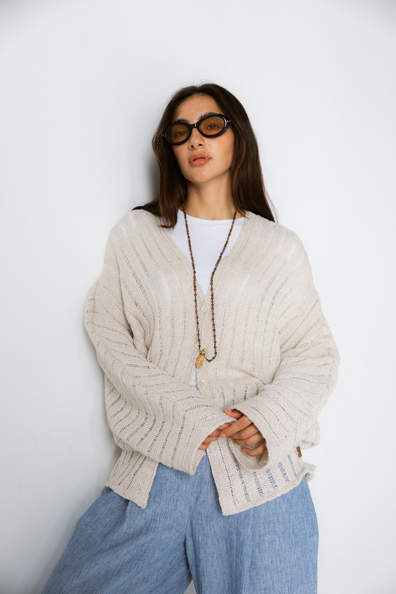 Sandy Crochet Shimmer Cardigan Off White - AB ESSENTIALS