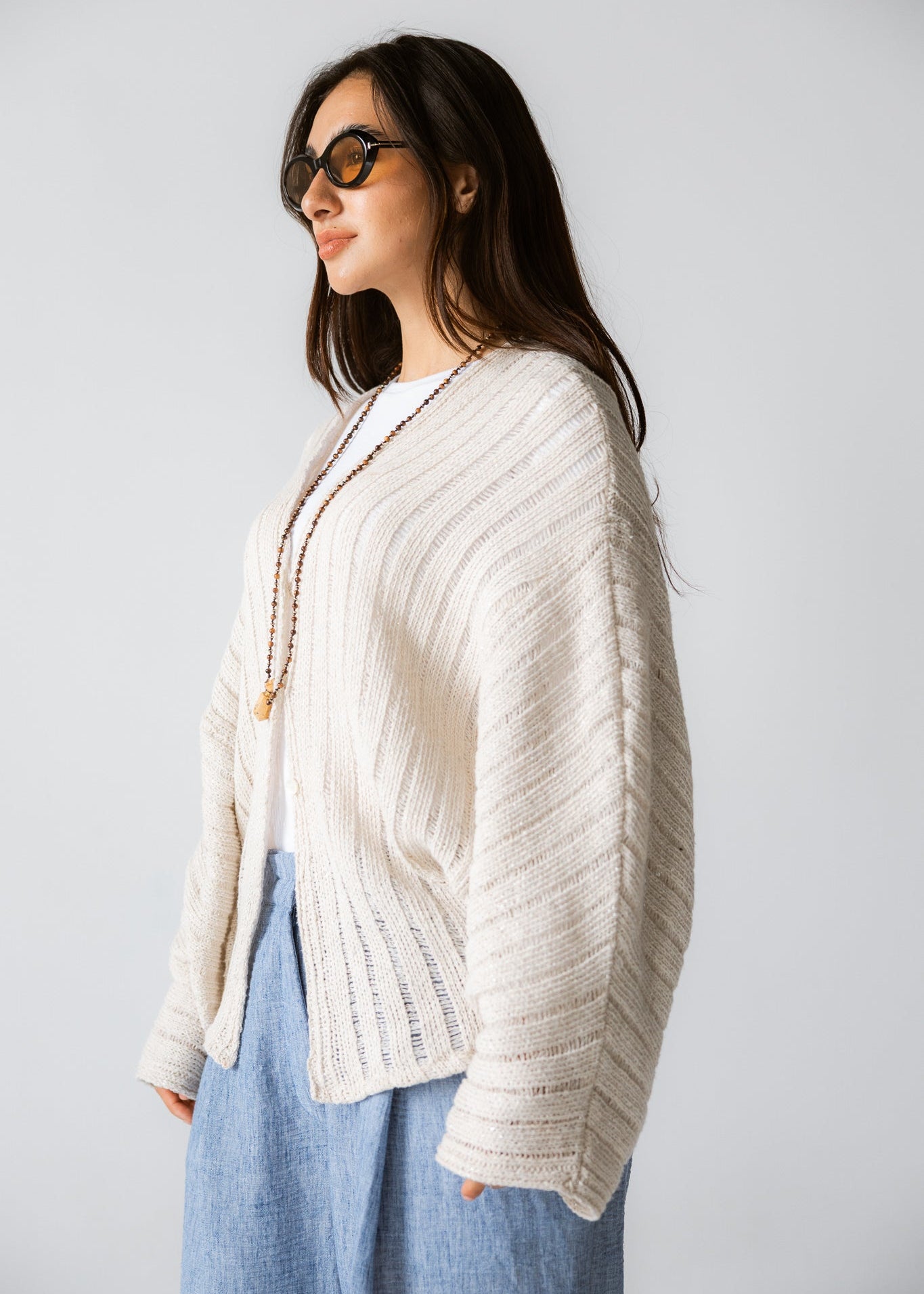 Sandy Crochet Shimmer Cardigan Off White - AB ESSENTIALS