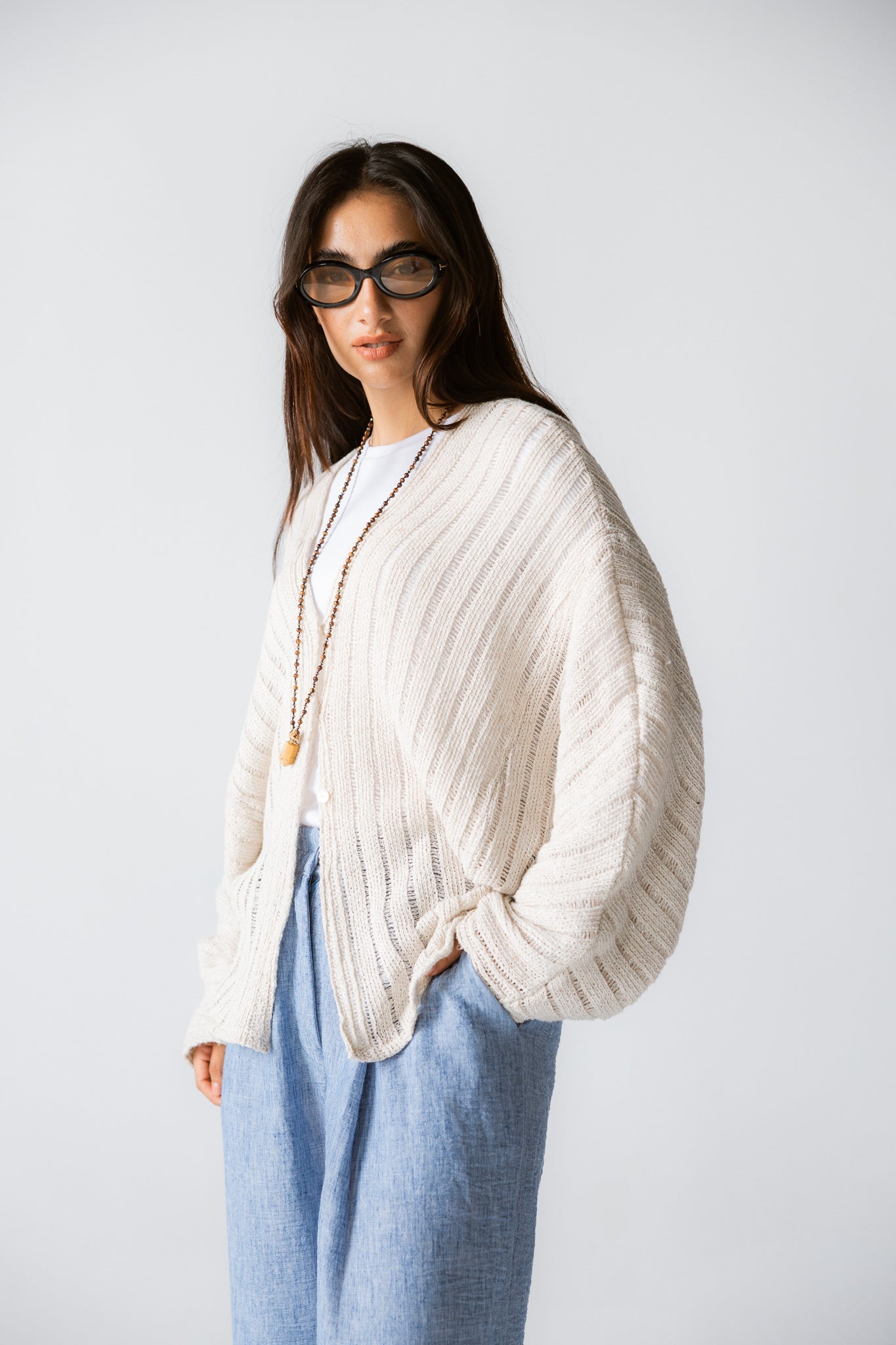 Sandy Crochet Shimmer Cardigan Off White - AB ESSENTIALS