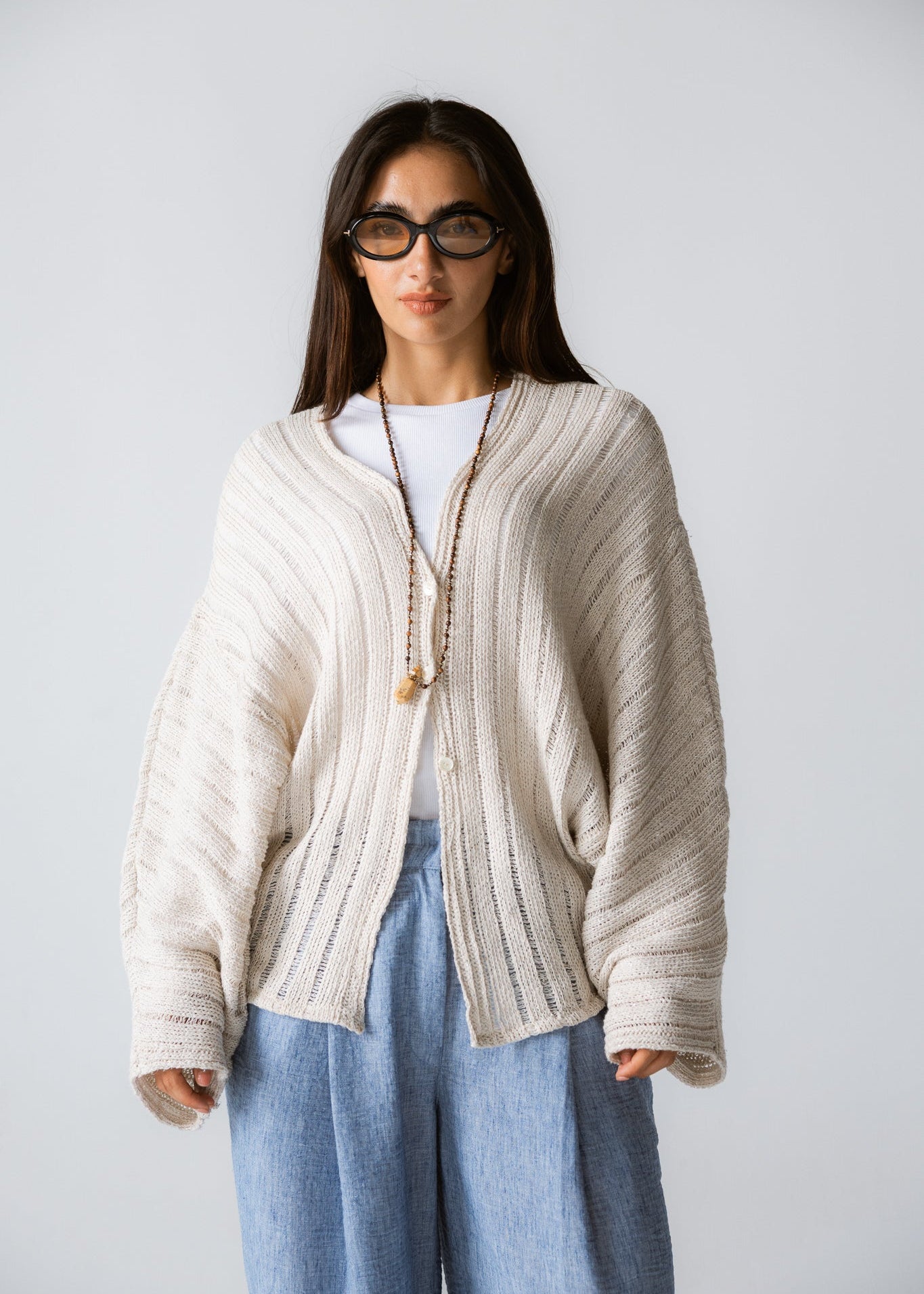 Sandy Crochet Shimmer Cardigan Off White - AB ESSENTIALS