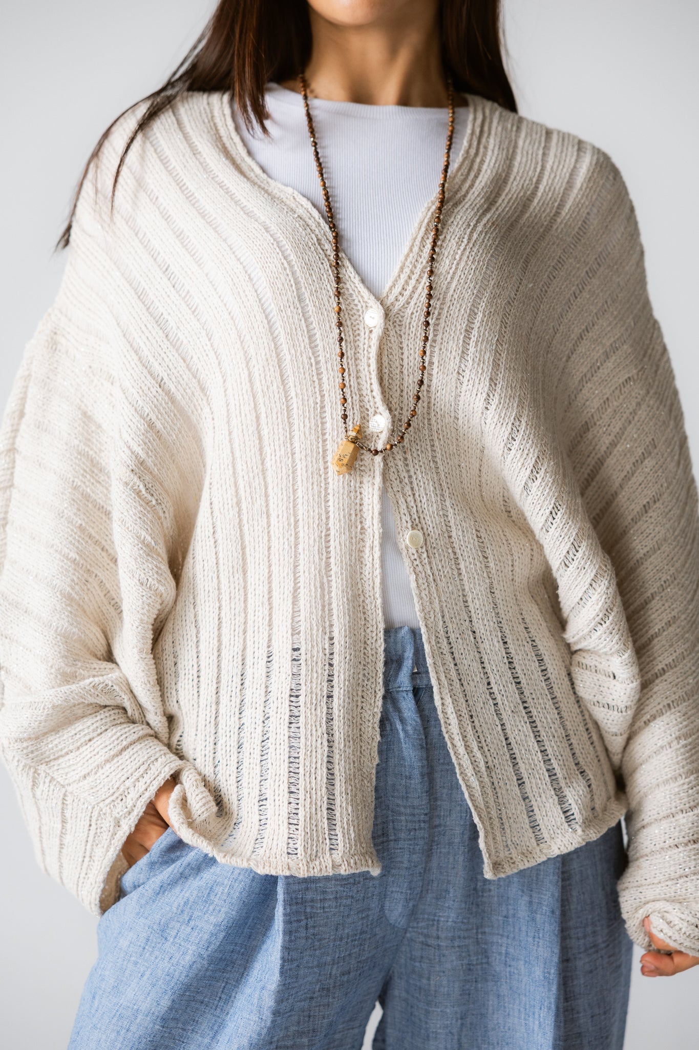 Sandy Crochet Shimmer Cardigan Off White - AB ESSENTIALS