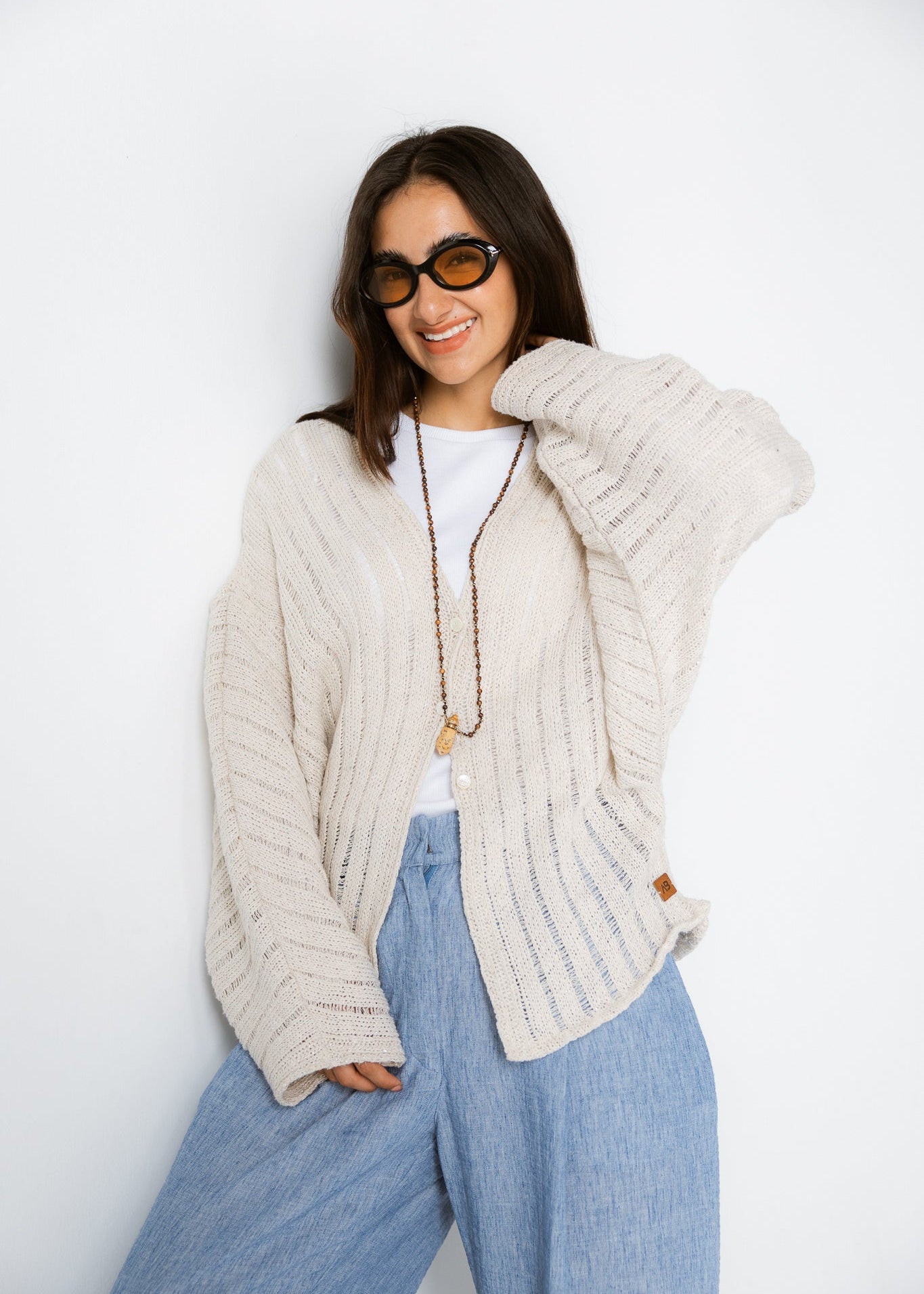 Sandy Crochet Shimmer Cardigan Off White - AB ESSENTIALS