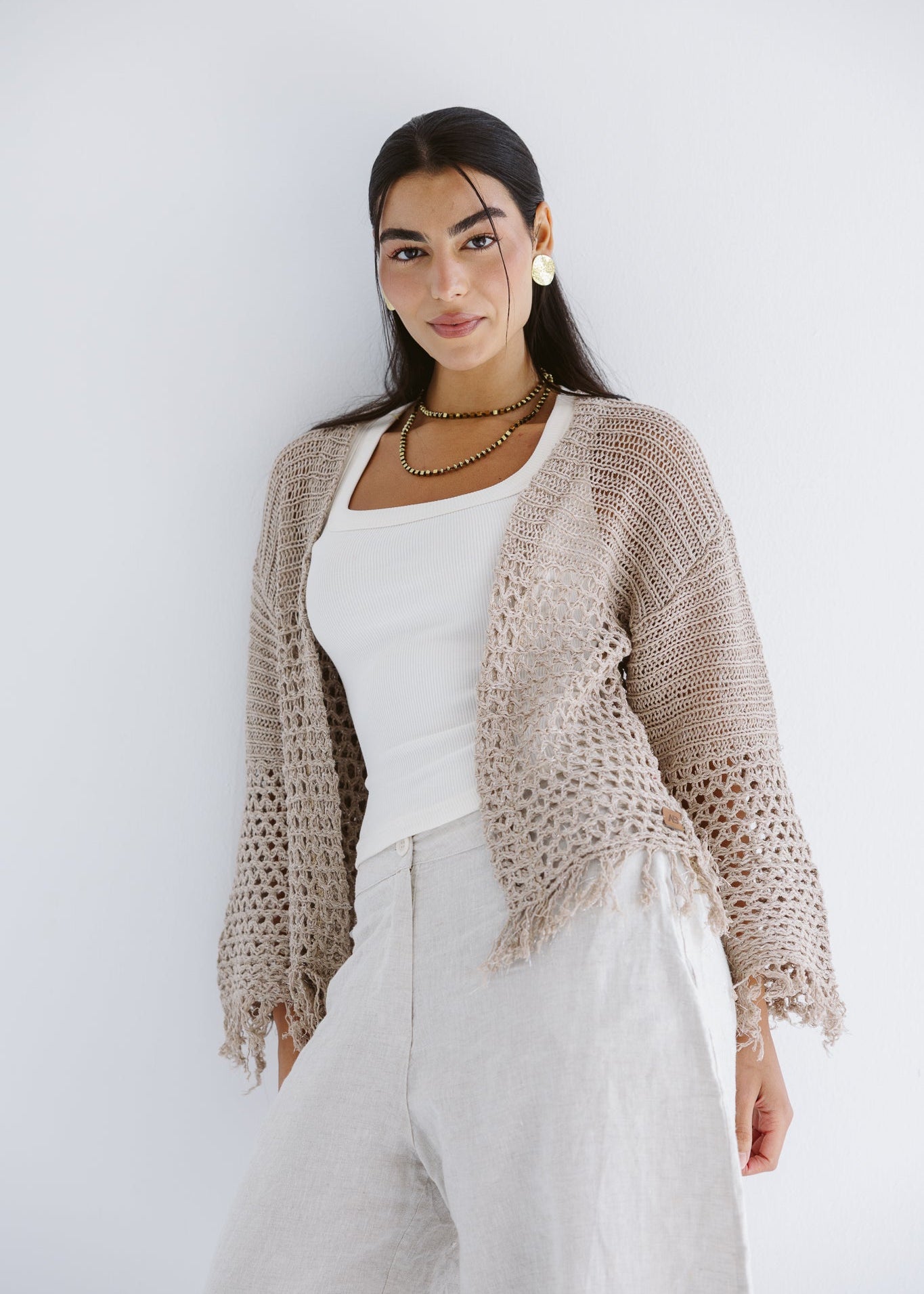 Sun Wave Shimmer Crochet Cardigan Beige - AB ESSENTIALS